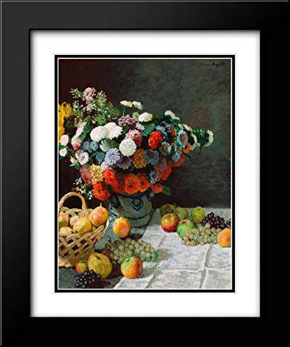 Claude Monet Still Life with Flowers and Fruit - 20x24 Inch Black Modern Framed Art Print with Double Mat | Museum Quality Wall Decor for Living Room, Bedroom & Office