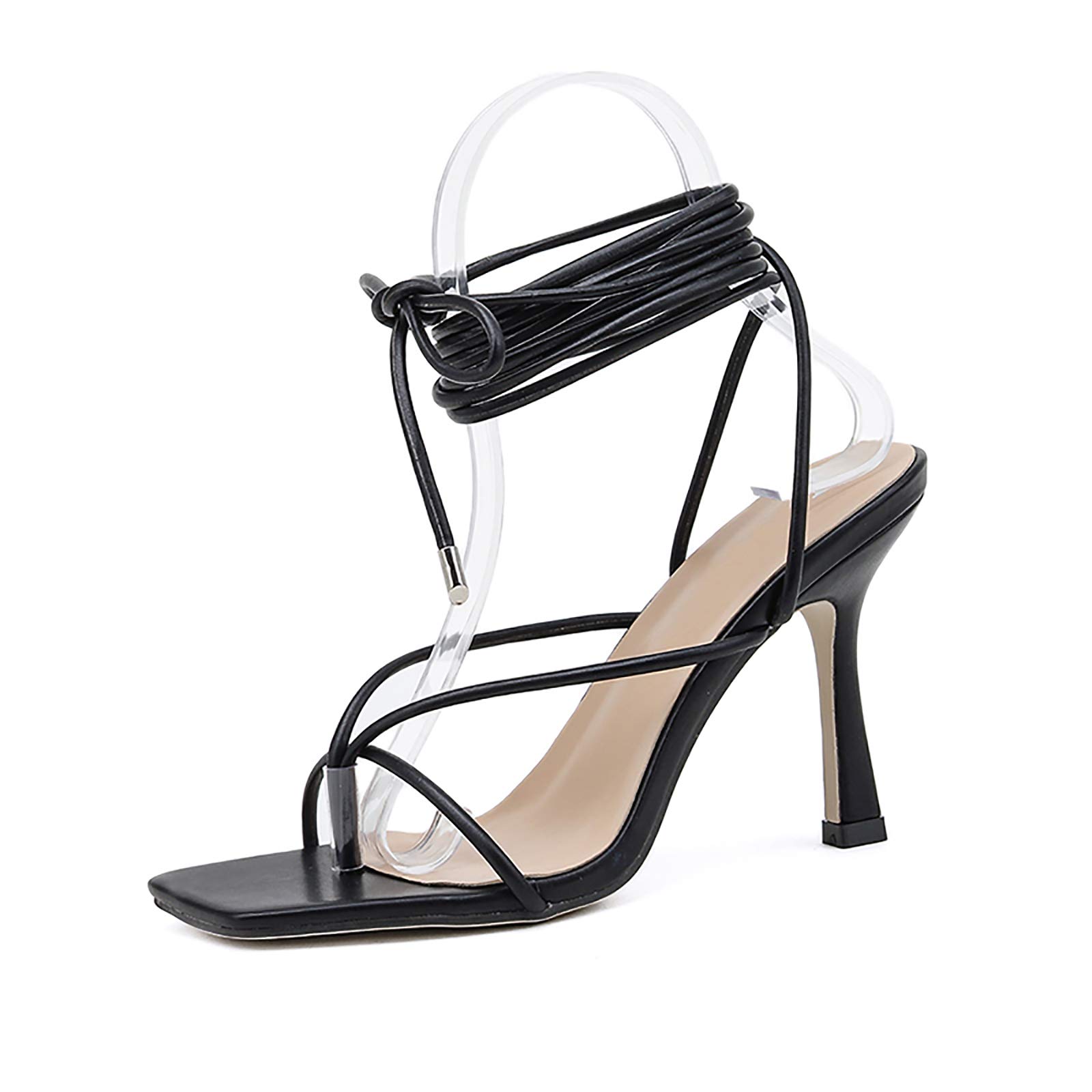 Vintage Square Toe High Heel Sandals for Women - Narrow Band Cross Strap Thong Sandals - Perfect for Summer Outfits, Beach Vacations & Date Nights