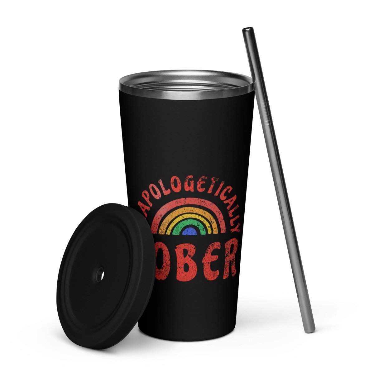 Unapologetically Sober Rainbow Insulated Tumbler - 20oz Stainless Steel Travel Mug with Lid & Straw - Perfect for Iced Coffee, Smoothies & Motivational Sobriety