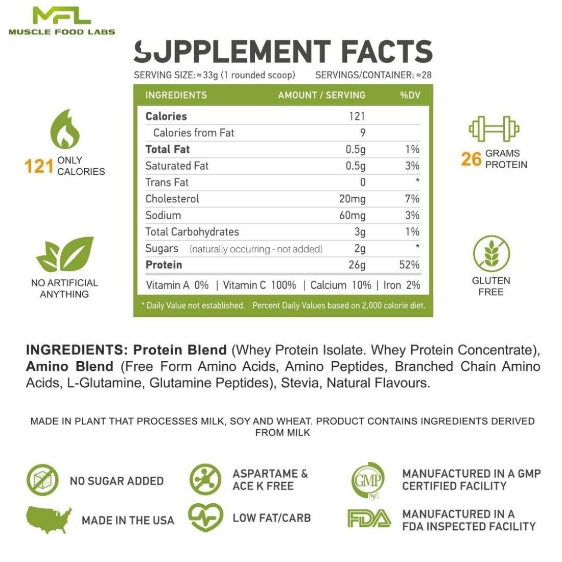 MFL Muscle Whey Protein Powder - 28g Protein, 8g BCAAs, Keto & Low Carb Friendly - 2lb Vanilla Bean Flavor for Post-Workout Recovery & Muscle Building