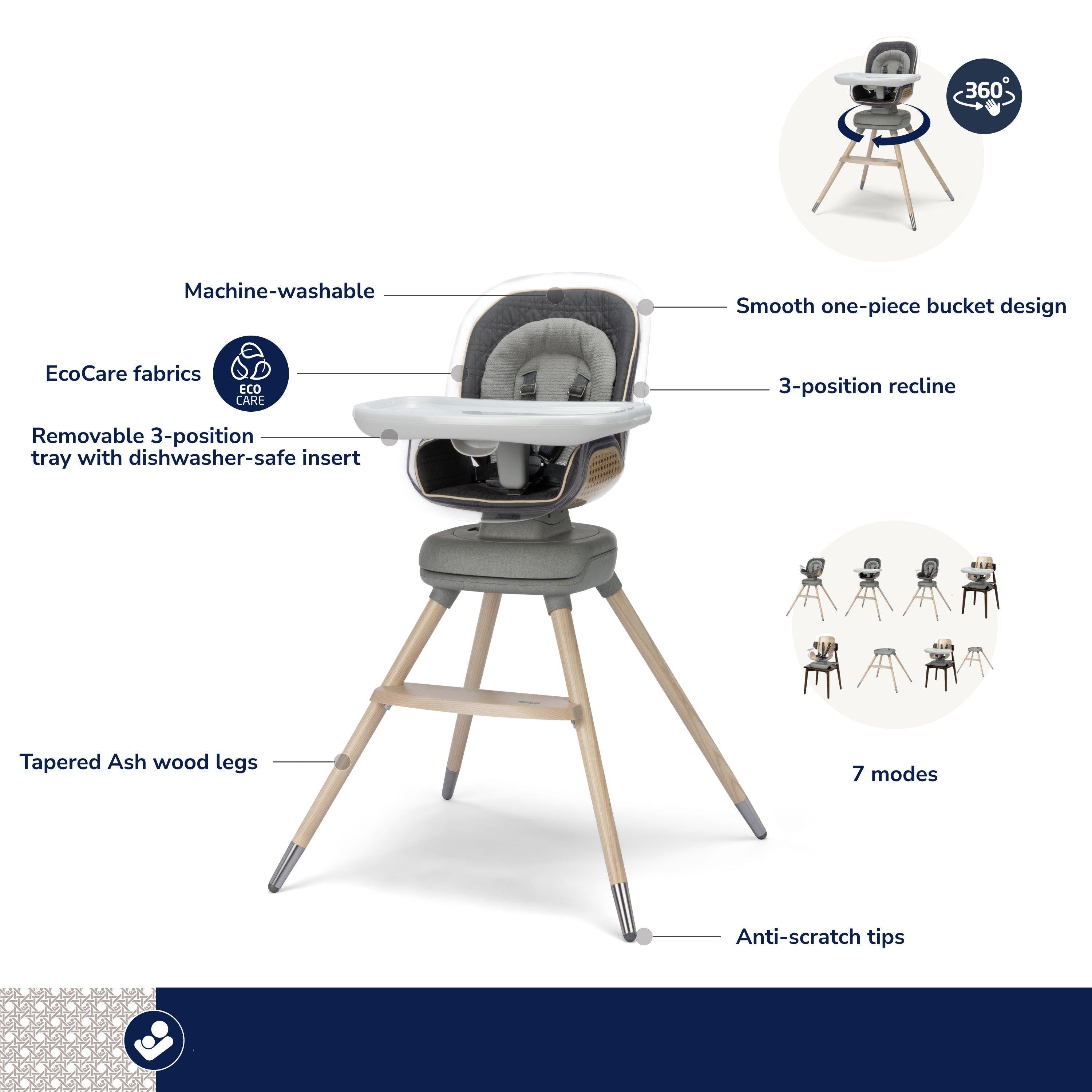 Maxi Cosi Kindred Kiskadee 360° Rotating High Chair for Babies & Toddlers - Adjustable Height, Easy Clean, Compact Fold - Perfect for Dining, Feeding & Playtime at Home or Restaurant