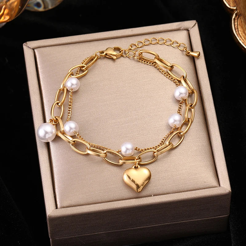 Stainless Steel Heart Pearl Charm Bracelet for Girls - Elegant Jewelry Gift for Women, Teens, Birthday, Valentine's Day, Party Wear