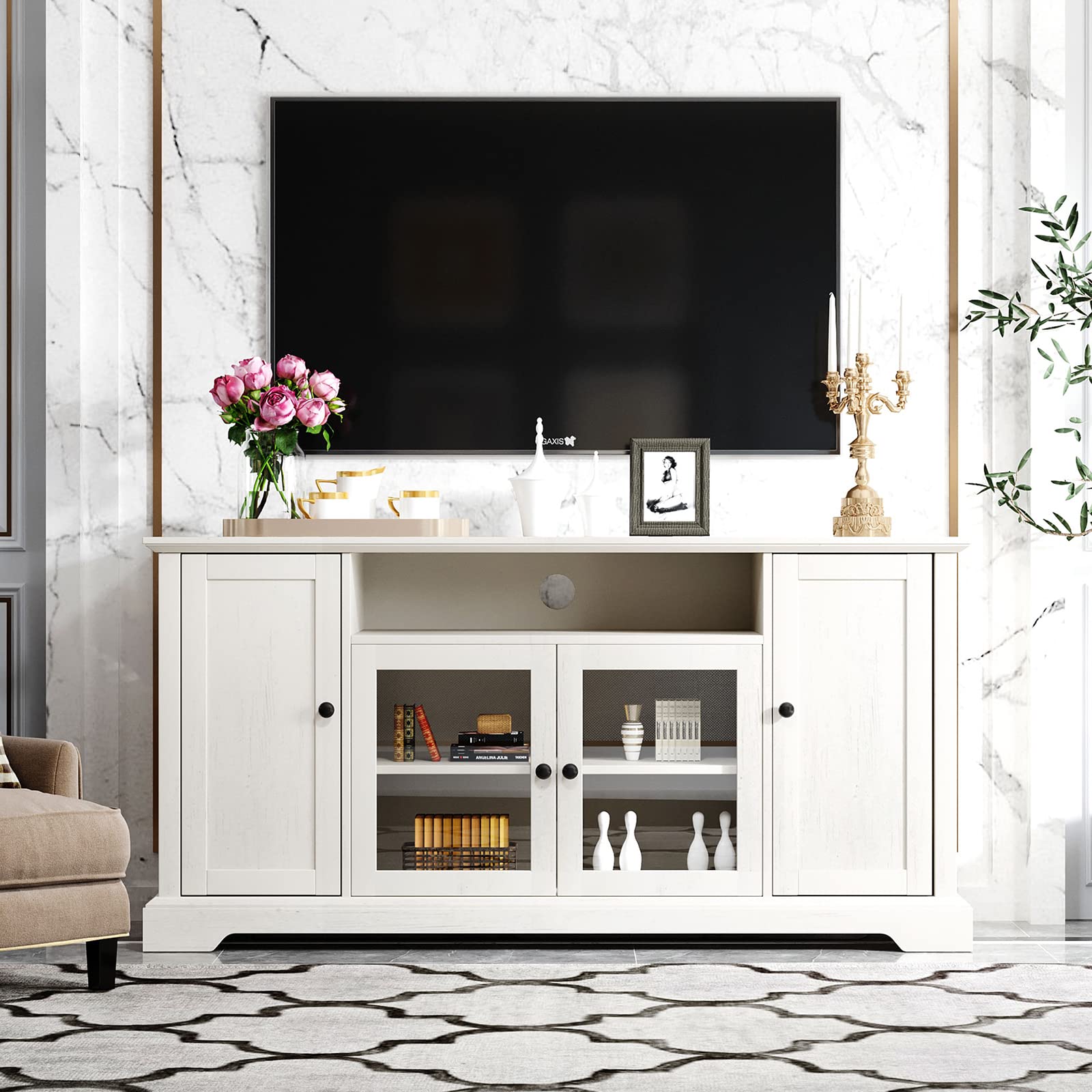 65 Inch TV Stand with 2 Tempered Glass Doors & Adjustable Shelves - Open Style Media Console with Cable Management Holes - Easy Assembly White Entertainment Center for Living Room - Perfect for Home Theater Setup & Modern Living Spaces