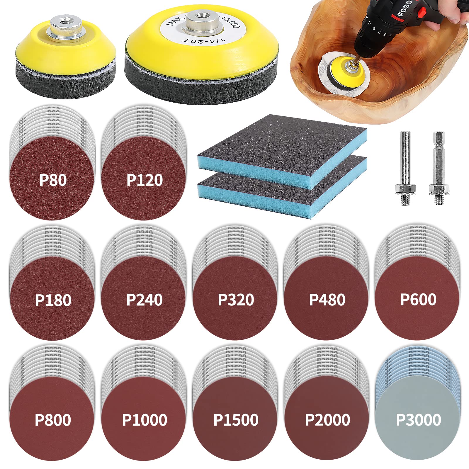 120-Piece 3-Inch Sanding Discs Kit with 2 & 3-Inch Backer Pads, Sanding Sponge & 1/4