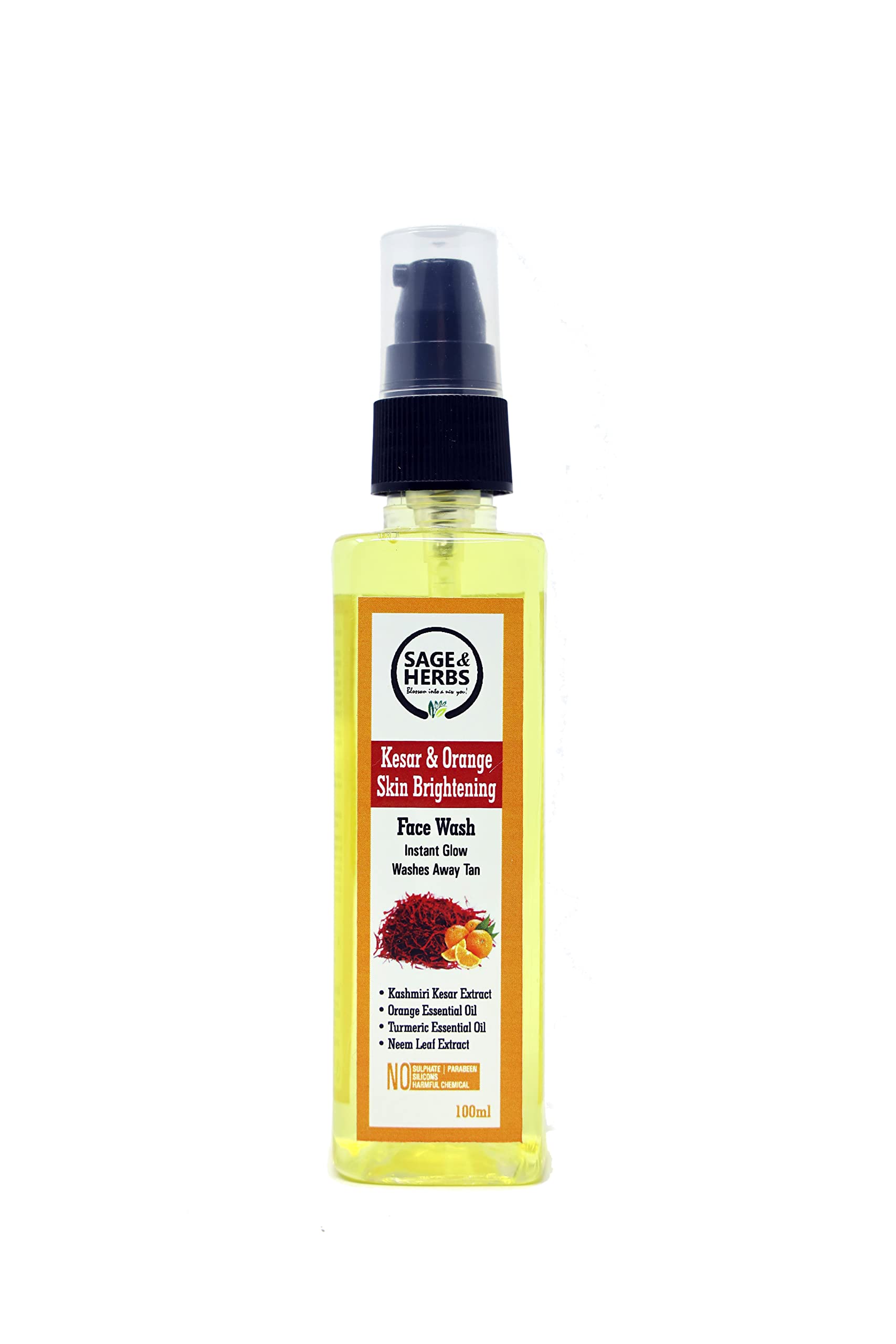 **Sage & Herbs Natural Brightening Kesar Orange Face Wash – Tan Removal & Skin Lightening, Reduces Dark Spots & Blemishes, 100ml – Perfect for Daily Glowing Skin Care Routine**