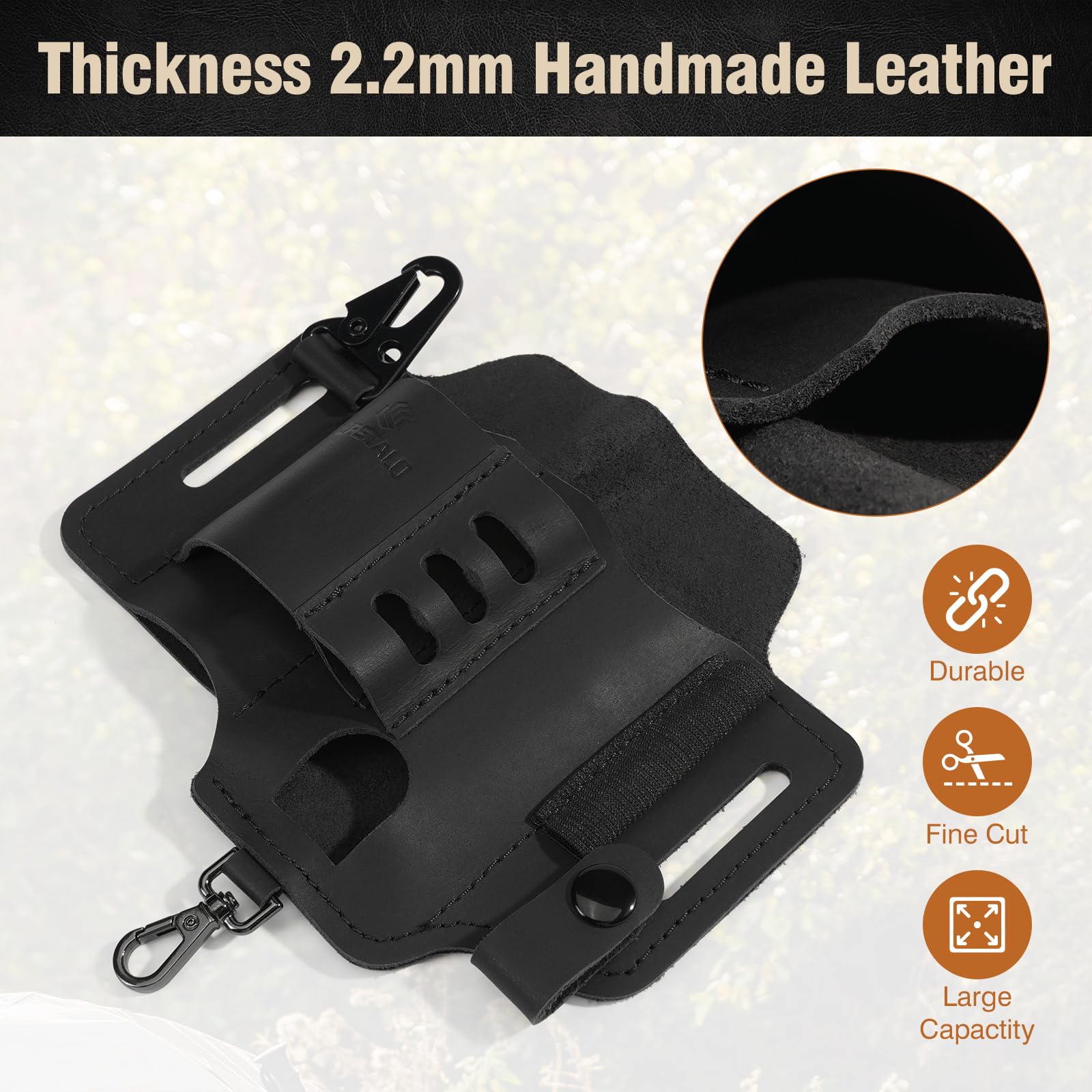 Leather Multitool Belt Sheath - EDC Pocket Organizer with 3 Hooks, Flashlight Holster, Pen & Keys Holder | Knife Sheath for Men | Perfect for Daily Carry, Outdoor Adventures, Camping & Hiking Gear | Black