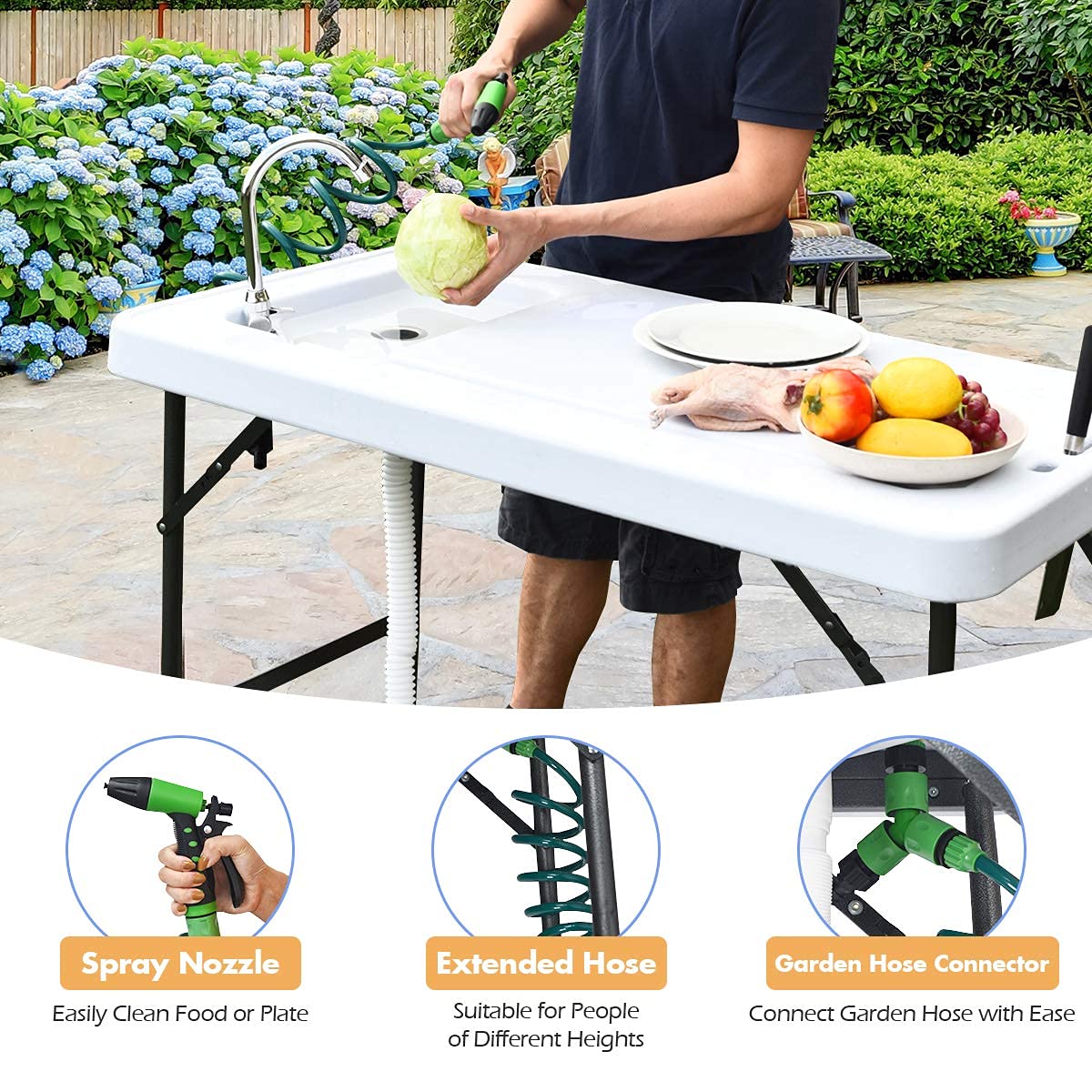 GYMAX Foldable Fish Cleaning Table with Sink & Adjustable Sprayer - Portable Outdoor Fillet Station with Rotatable Faucet for Fishing, Camping, Picnic, Backyard & Beach Use