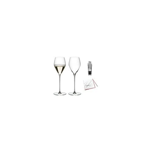 Riedel Veloce Champagne Wine Glasses Set of 2 with Microfiber Polishing Cloth & Wine Pourer Stopper - 4 Piece Gift Set for Wedding, Anniversary & Romantic Dinner Party Accessories
