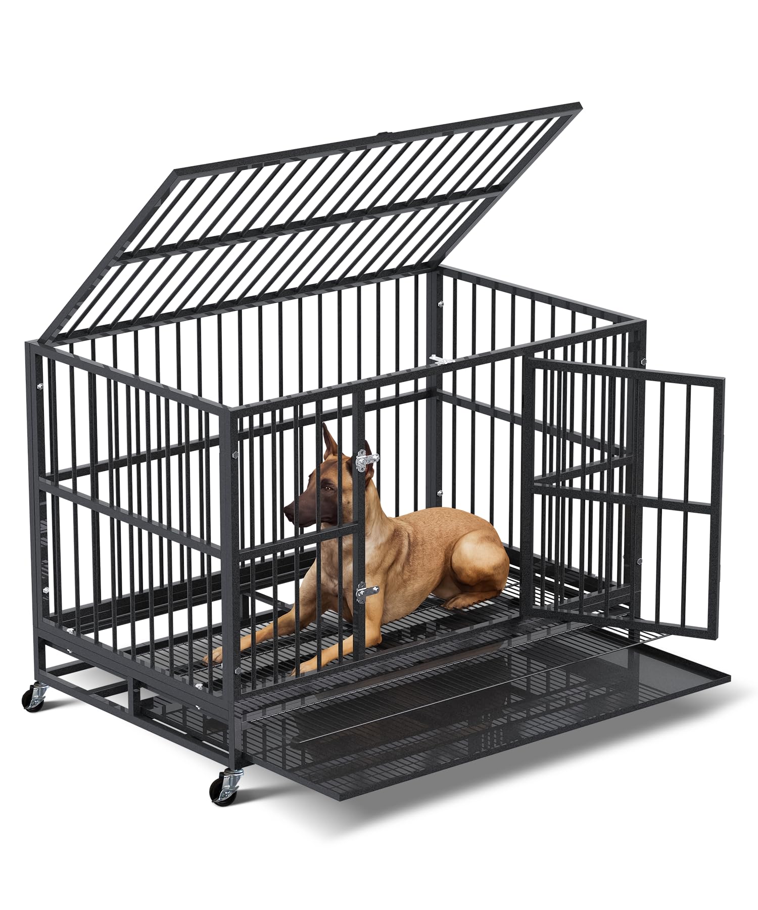 **Efficraft 48 Inch Heavy Duty Dog Crate with Lockable Wheels - Escape Proof Large Dog Cage Kennel with Double Door & Removable Tray - XXL Indoor Dog Crate for High Anxiety Dogs (Black) - Perfect for Travel, Training & Home Security**