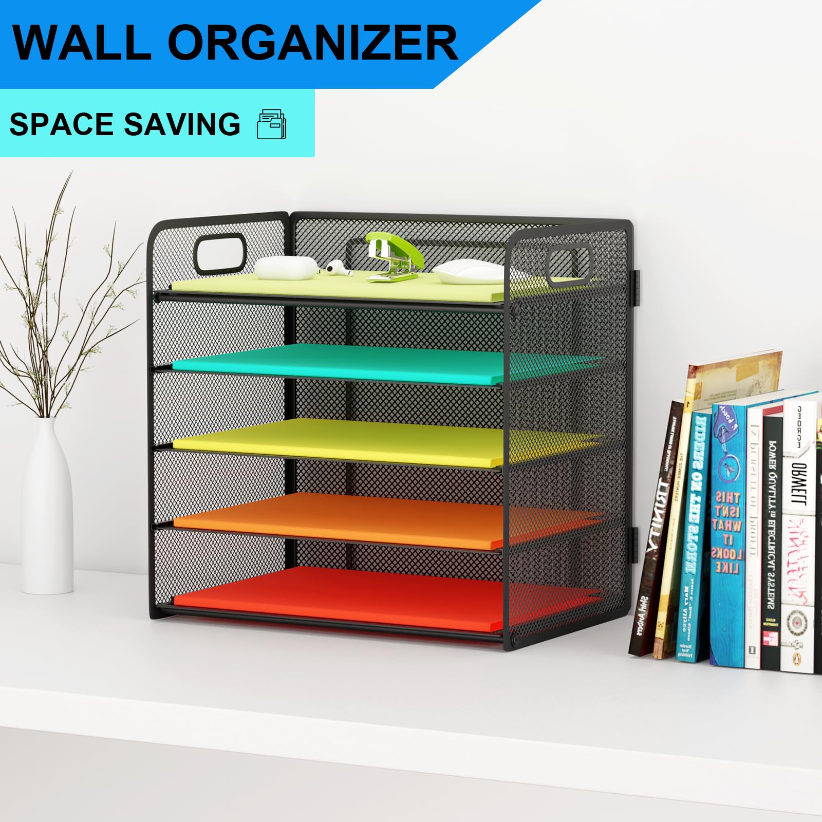 5-Tier Metal Mesh Letter Tray Organizer with Handle - Desktop File Sorter for Letter/A4 Paper Storage - Office Desk Organizer for Documents, Mail & Office Supplies (Black) - Perfect for Home Office, School & Workspace Organization