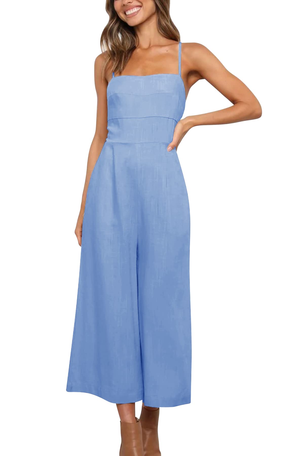 GAMISOTE Women's Wide Leg Jumpsuit - Spaghetti Strap Backless One Piece Romper with Flowy Long Design | Perfect for Summer, Beach, Vacations & Casual Outings