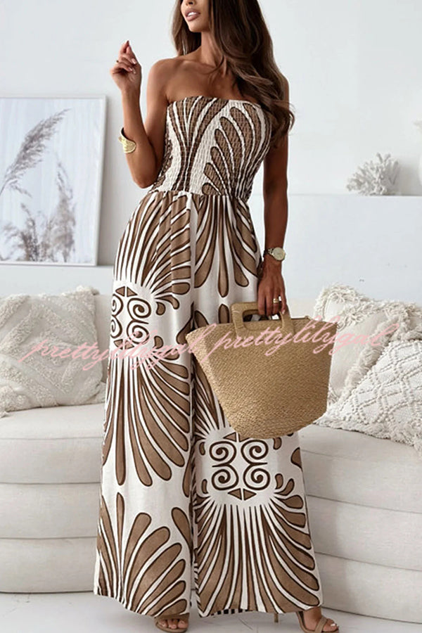 Stylish Printed Off-Shoulder Pleated Wide Leg Jumpsuit for Women - Perfect for Casual Outings, Beach Vacations & Summer Parties
