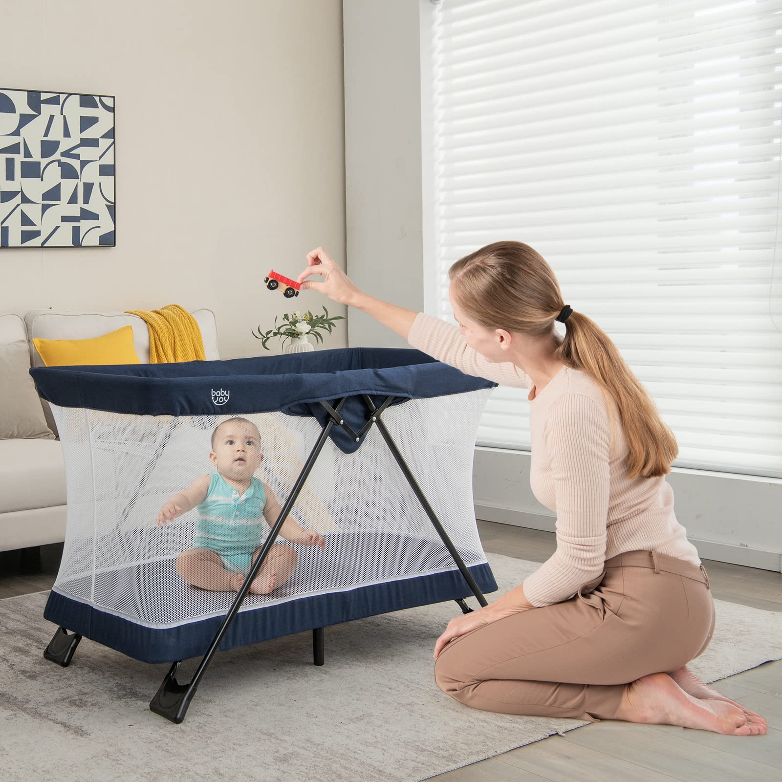 BABY JOY Portable Travel Crib - Lightweight Foldable Playpen for Babies & Toddlers with Soft Washable Mattress, No-Tools Assembly Playard for Newborns to 3 Years Old (Blue) | Perfect for Home, Travel, Daycare & Outdoor Adventures