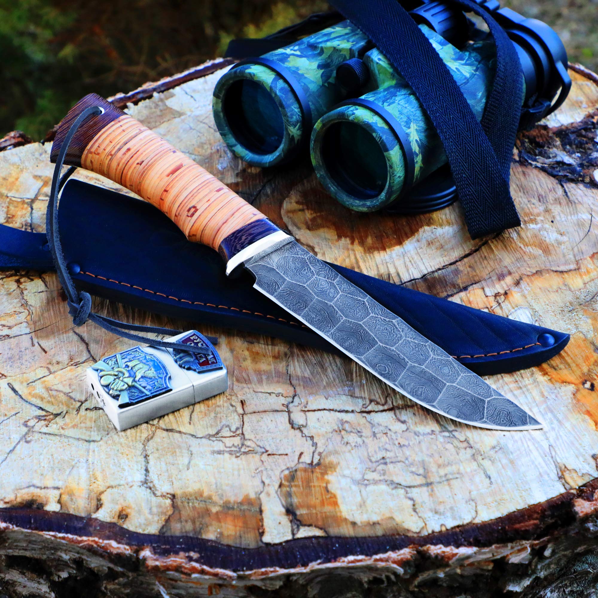 Premium Fixed Blade Hunting Knife - Sharpened OVOD Damascus Steel with Birchbark Handle & Leather Sheath - Outdoor Survival, Camping, Bushcraft Essential Gear