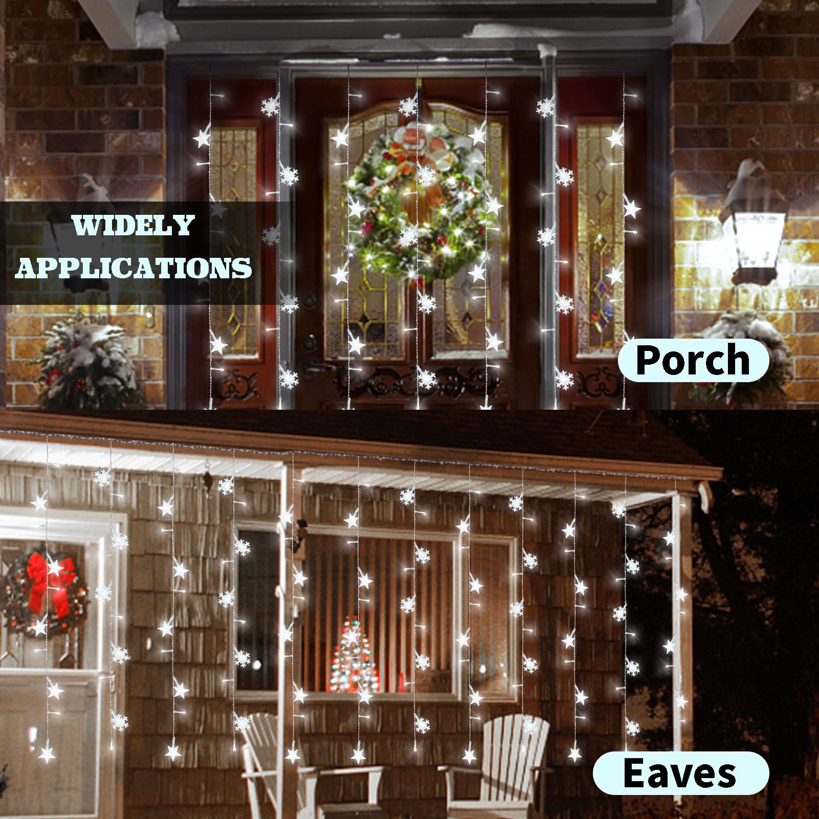 8 Modes Christmas Curtain String Lights with Snowflake & Star Designs - USB Plug-in Wall Lights for Indoor/Outdoor Holiday Decor - White Christmas Window Lights for Home, Party & Festive Decorations