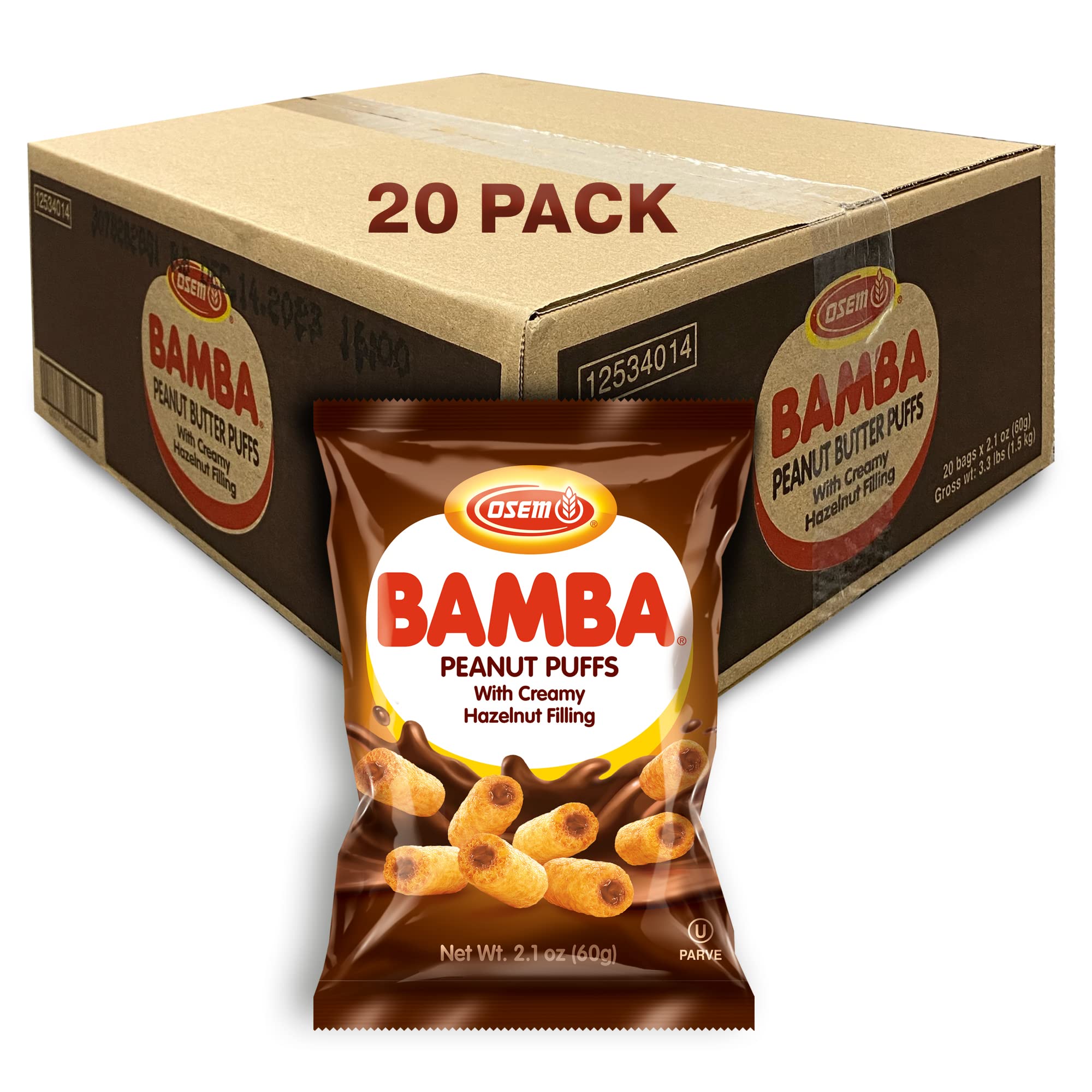 Bamba Hazelnut Cream Peanut Butter Snacks - All Natural PB Corn Puffs, 2.1oz (Pack of 20) | Healthy Kids Snacks, School Lunch & On-the-Go Treats