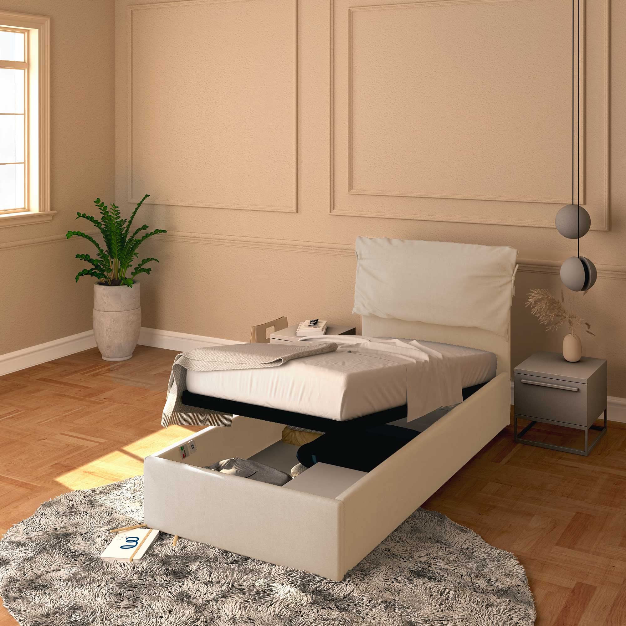 Baldiflex Licia Soft Single Bed with Storage, Synthetic Leather Upholstery, Slatted Base for Single Mattress, 80 x 190 cm, Padded Headboard, White - Perfect for Small Bedrooms, Guest Rooms & Studio Apartments