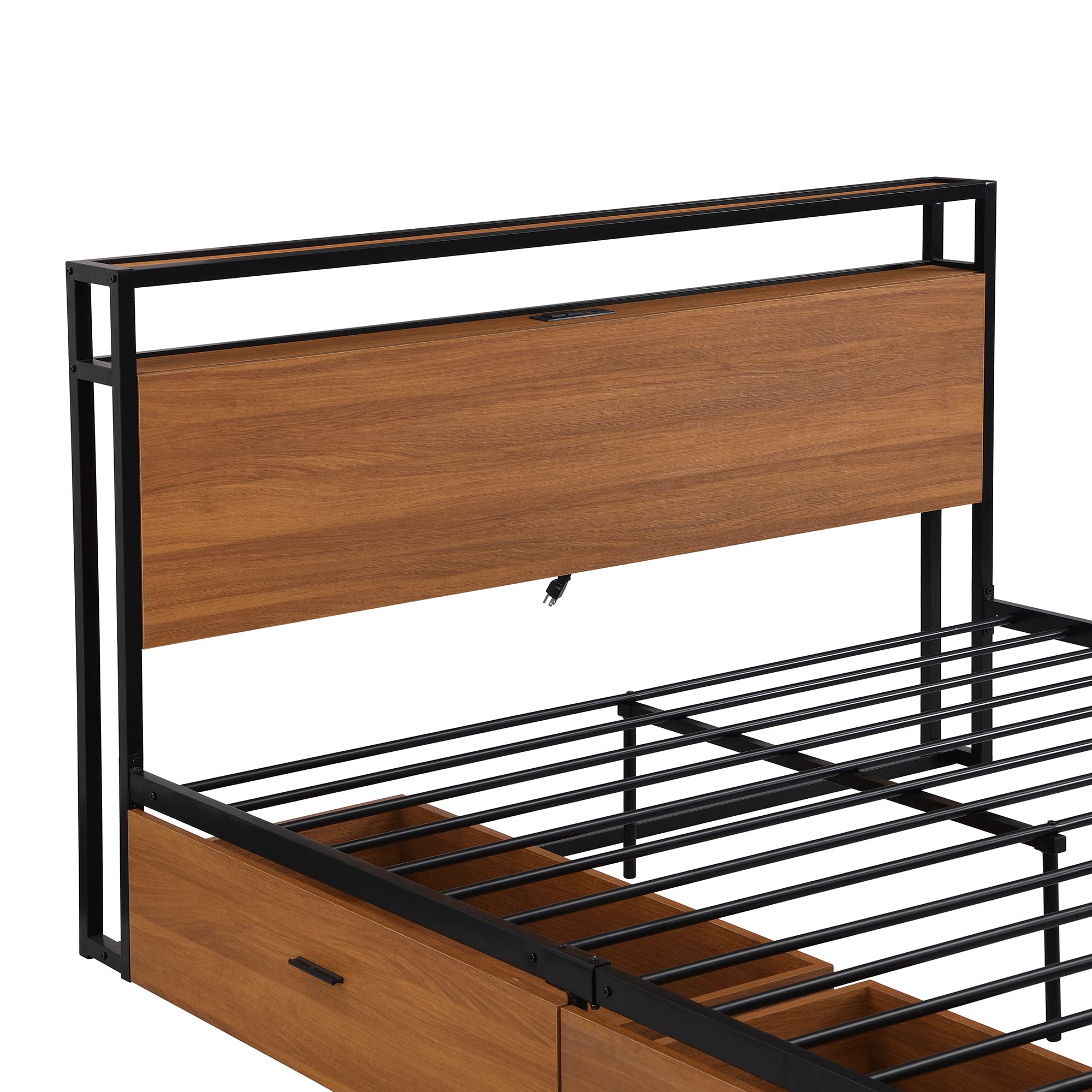Harper & Bright Designs Queen Size Metal Platform Bed Frame with 2 Drawers, Built-in USB Ports & Power Outlets, Sturdy Steel Slat Support, No Box Spring Required - Perfect for Modern Bedrooms, Guest Rooms & Small Spaces (Brown)