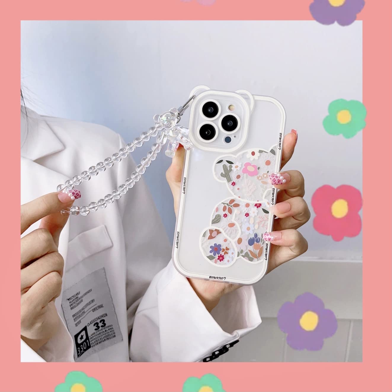 Shinymore Cute Floral Bear Clear Case for iPhone 12 Pro - Camera Protector with Adjustable Strap Bracelet | Trendy Protective Cover for Women & Girls | Perfect for Everyday Use, Travel & Photo Shoots