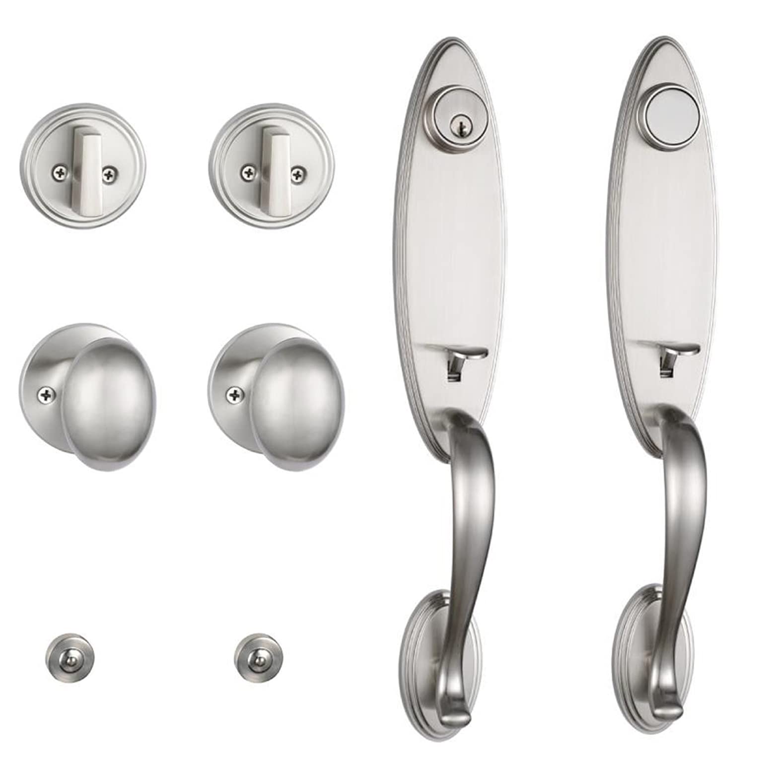 Brushed Nickel Double Door Handle Set with Lock - 2 Pack for Exterior Front Doors | Durable & Secure Entryway Hardware for Home Security