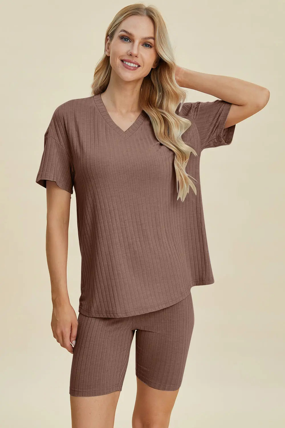 Basic Bae Full Size Ribbed V Neck Short Sleeve Top and Shorts Set - Women's Casual Summer Outfit for Beach, Lounge & Everyday Wear