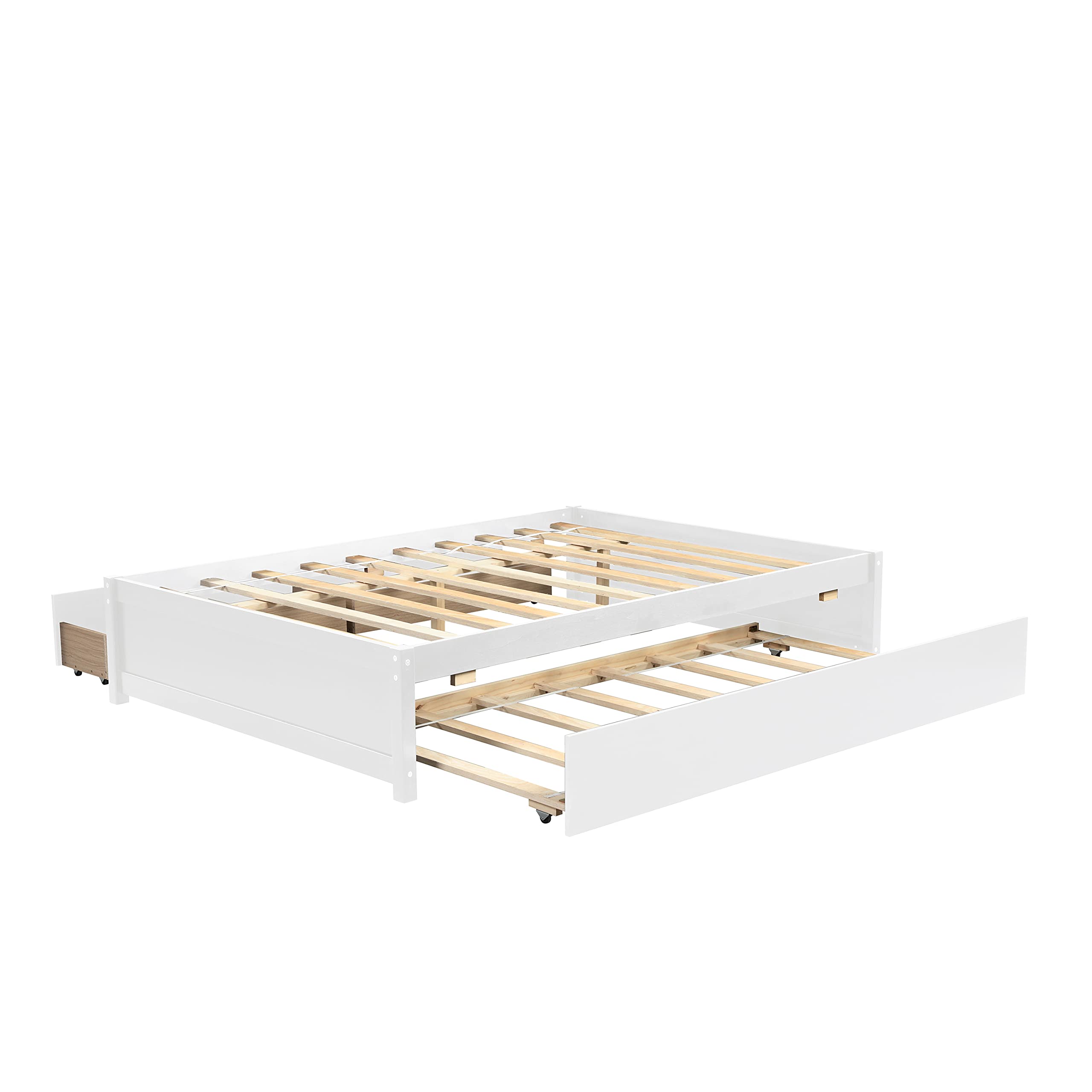 Bellemave White Wood Platform Bed Frame with Trundle and Storage Drawers - Full Size Captain Bed for Kids, Teens & Adults - Perfect for Small Spaces, Guest Rooms & Dormitories