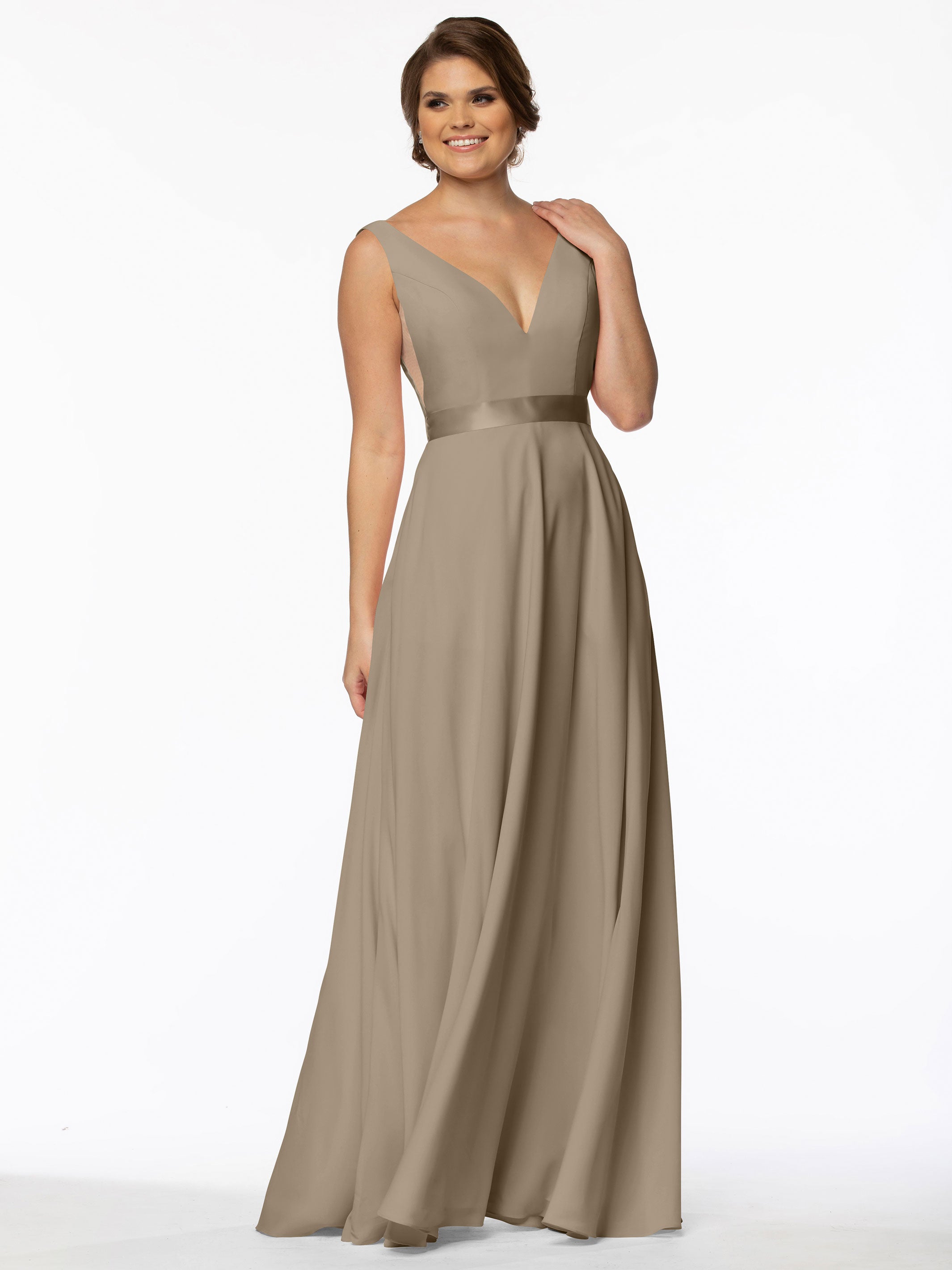 Elegant 80117 Stretch Chiffon A-Line Bridesmaid Dress with V-Neck & Sash - Perfect for Weddings, Formal Events & Special Occasions