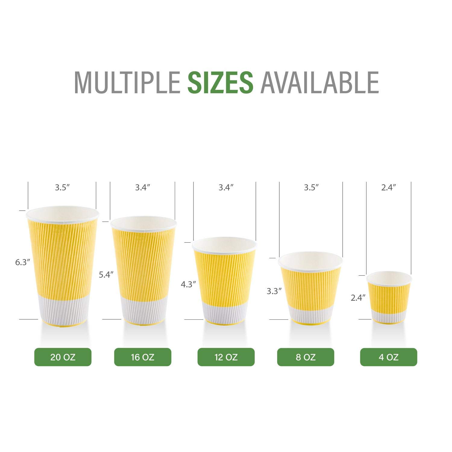 20oz Ripple Insulated Coffee Cups - 250 Pack Double Wall Corrugated Paper Cups with Secure Grip | Eco-Friendly Light Yellow Ribbed Design | Lids Sold Separately | Perfect for Coffee Shops, Offices & Catering Events
