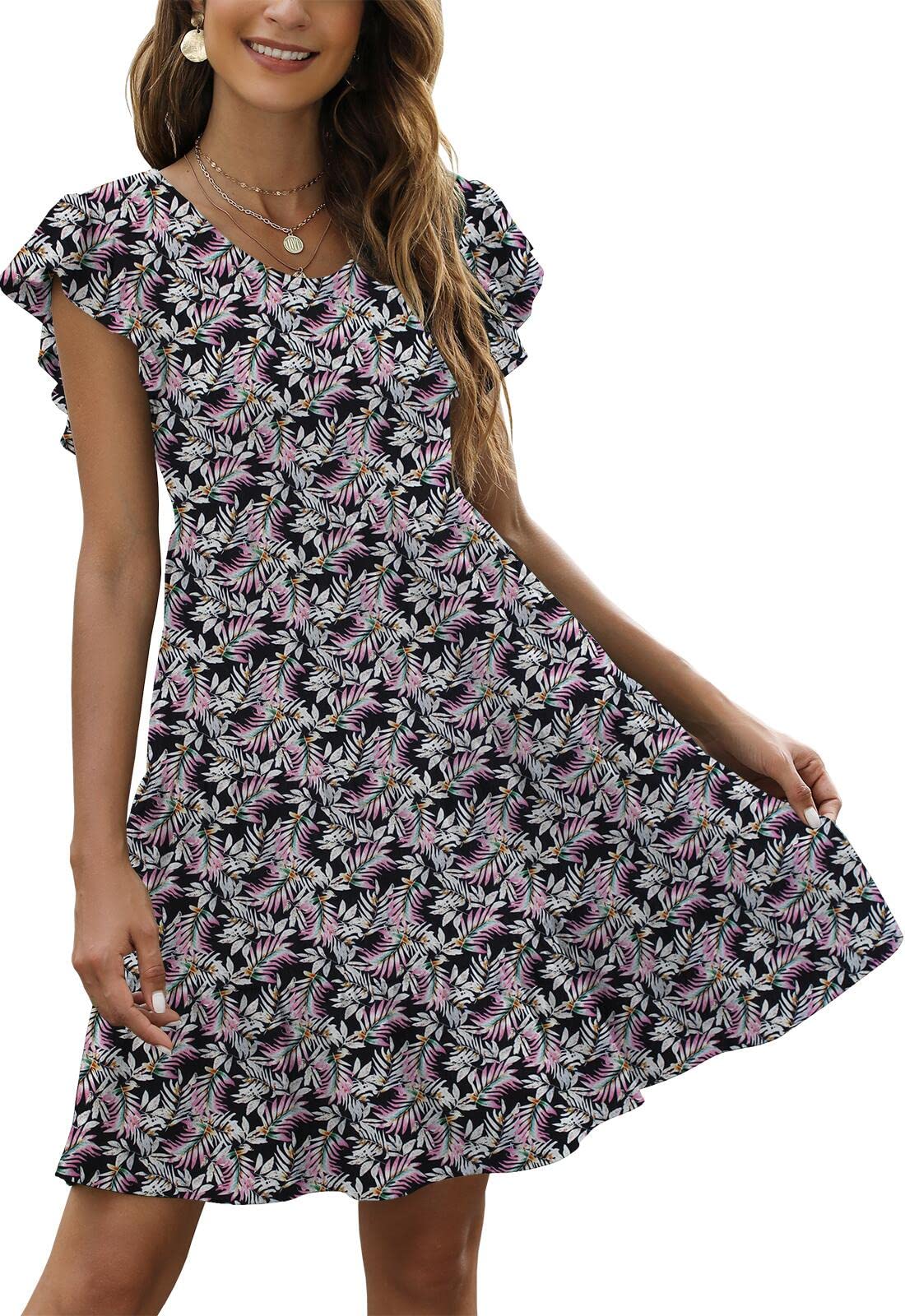 Women's Summer Boho Sundress - Cute Ruffle Sleeve Mini Cotton Flowy Tiered Babydoll Dress for Beach, Vacation & Casual Wear | Black Boho Chic Style