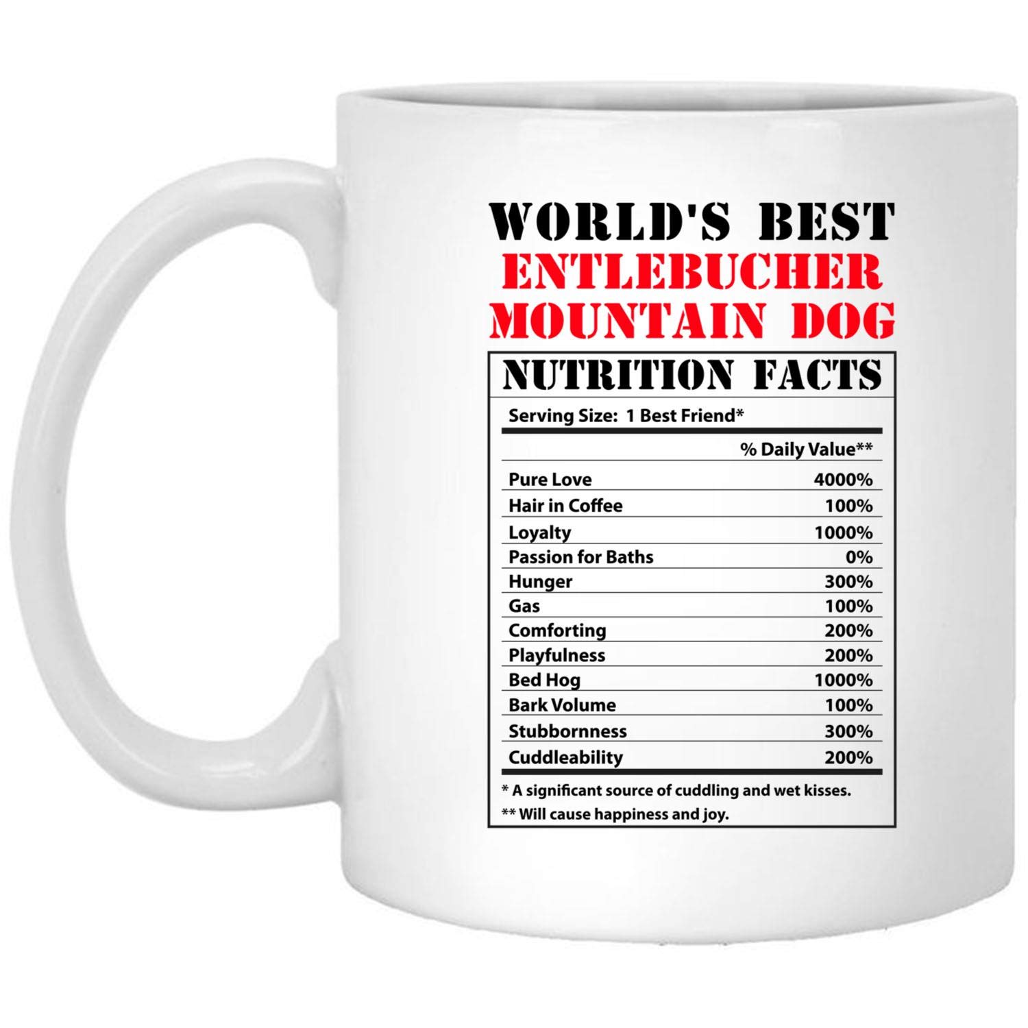 Funny World's Best Entlebucher Mountain Dog Coffee Mug - 11oz Ceramic Cup with Nutritional Facts - Perfect Gift for Dog Lovers, Birthday & Christmas 2024 - Great for Coffee, Tea, or Office Use