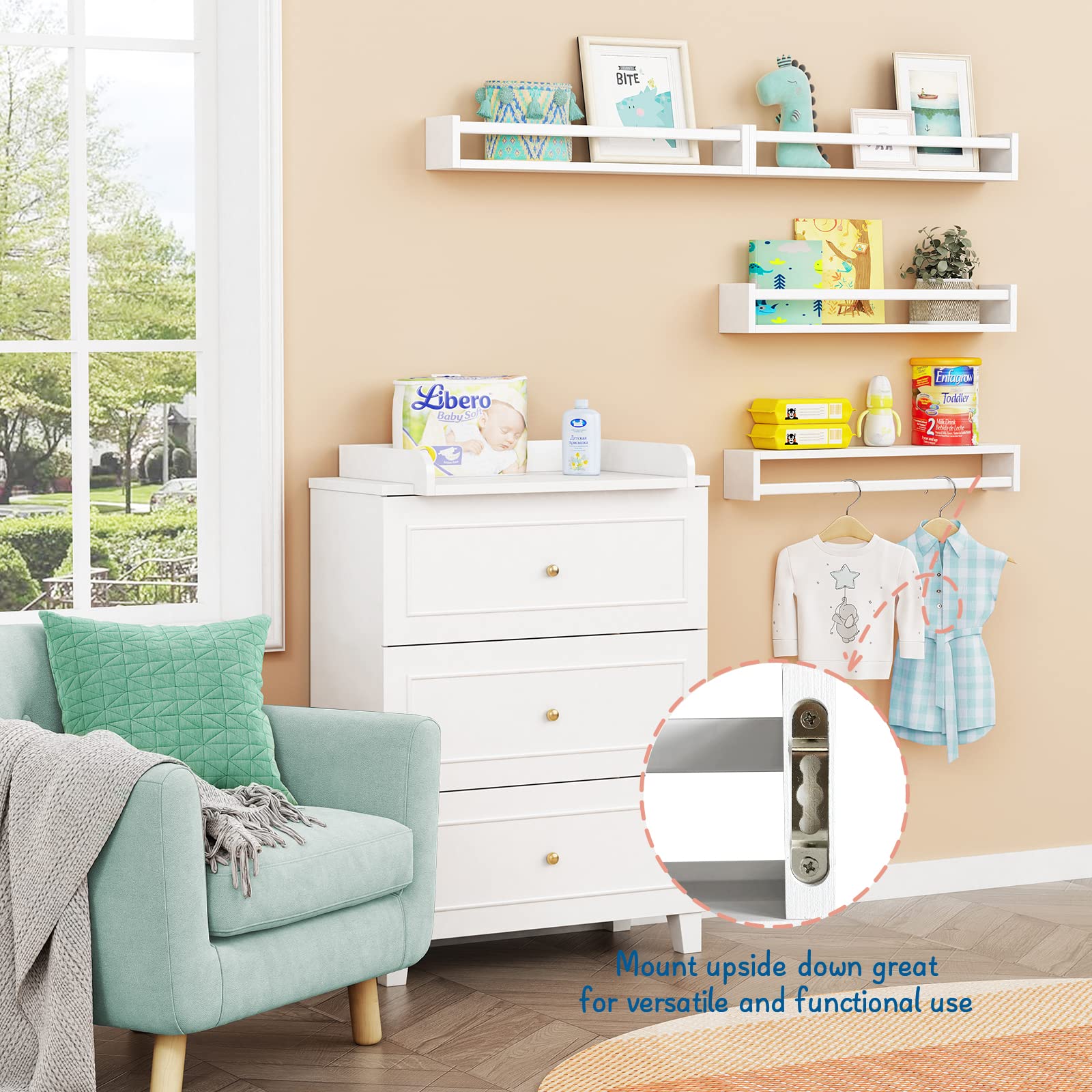 Forbena 24 Inch Floating Wall Bookshelf Set of 4 - White Wooden Nursery Shelves for Kids Bedroom, Baby & Toddler Room Decor - Wall Mounted Bookshelves & Toy Storage Organizer - Perfect for Nursery, Playroom, and Children's Bedroom Organization