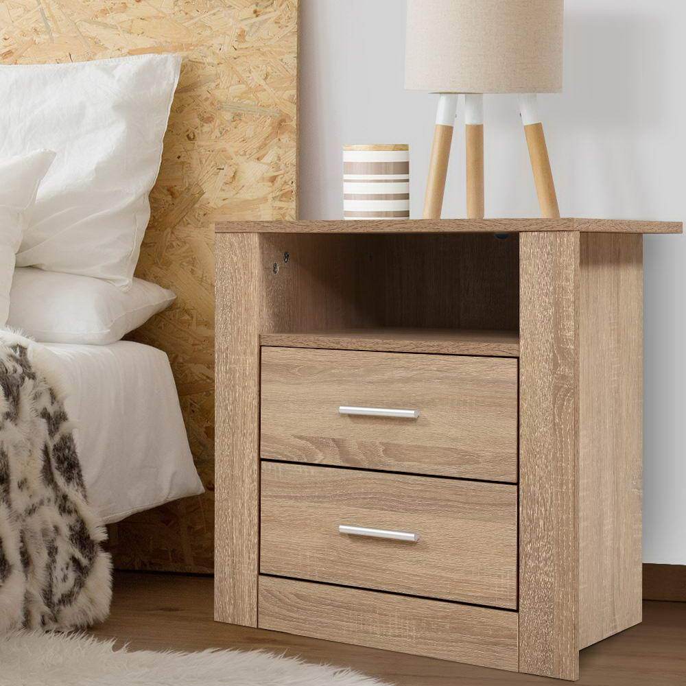 Oak Bedside Table with Drawers - Storage Cabinet, Nightstand, End Table for Bedroom, Living Room & Office Organization