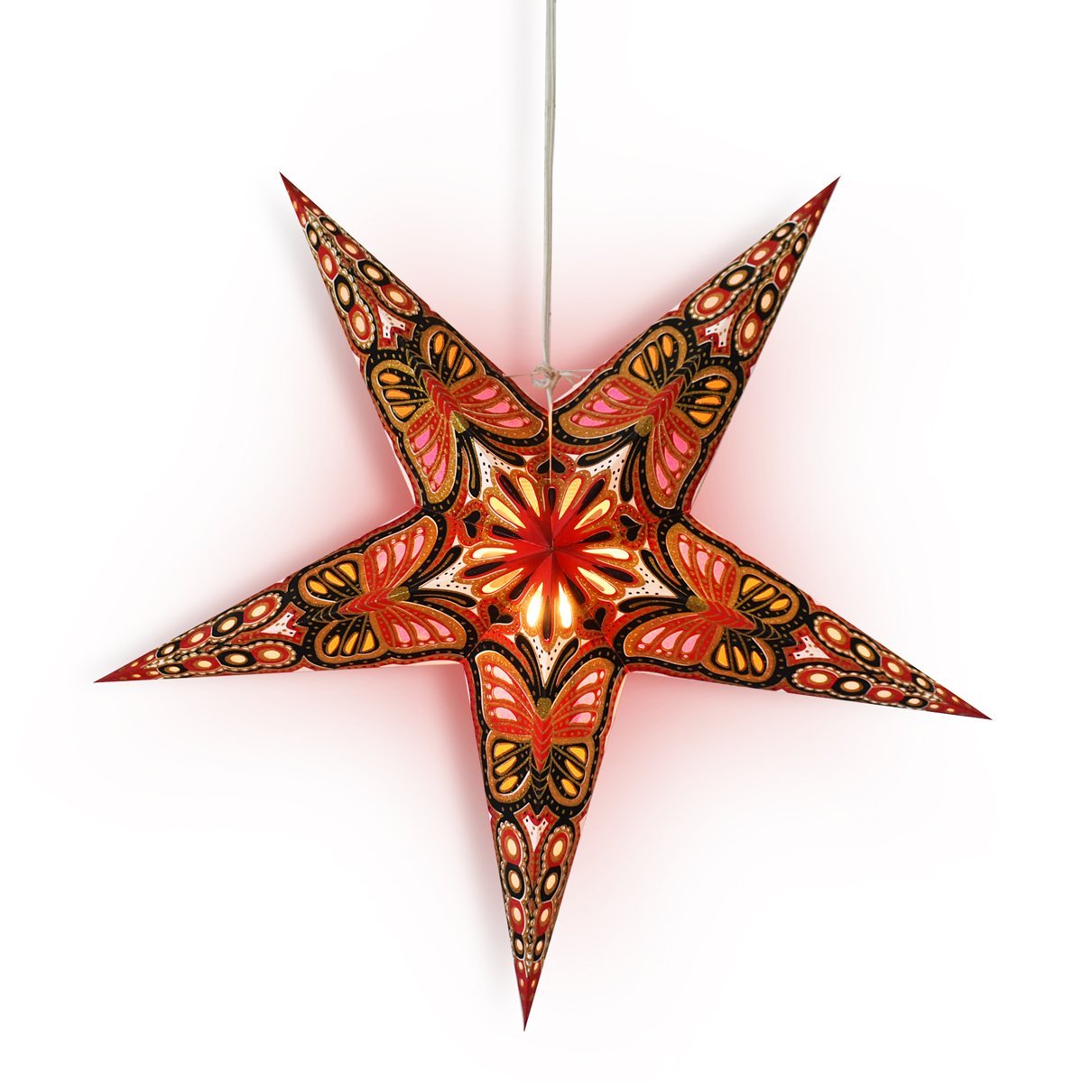 24 Pack Red & Black Butterfly Glitter Paper Star Lanterns - Hanging Wedding Decorations, Party Supplies for Indoor/Outdoor Events, Birthday Celebrations & Festival Lighting
