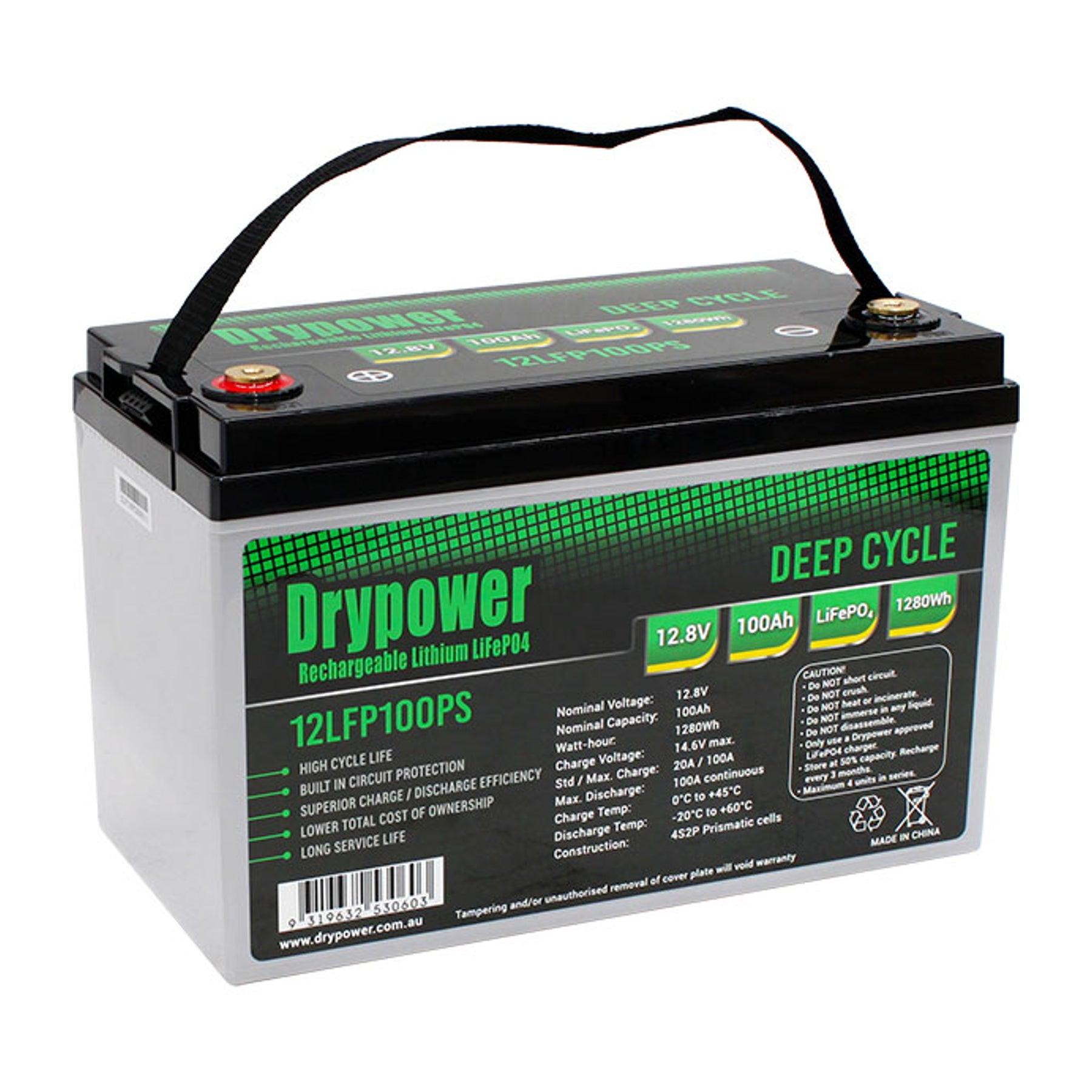 Drypower 12.8V 100Ah LiFePO4 Lithium Iron Phosphate Rechargeable Battery for Solar Power Systems, RVs, Marine & Off-Grid Applications - Long Lasting Deep Cycle Battery