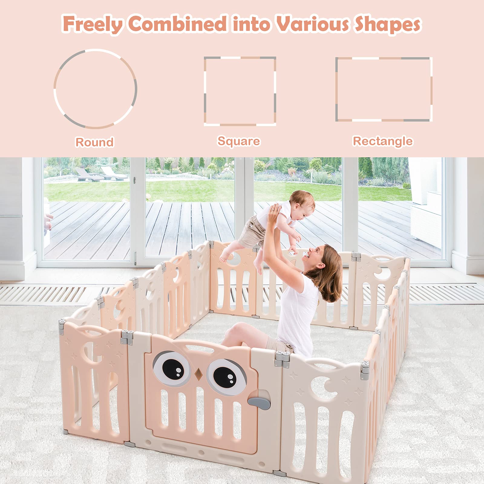 HONEY JOY 16-Panel Baby Playpen with Anti-Slip Base & Lockable Door - Owl Design Play Yard for Toddlers, Indoor Safety Play Area for Boys & Girls (Pink) - Perfect for Home, Nursery, Daycare & Playtime Safety
