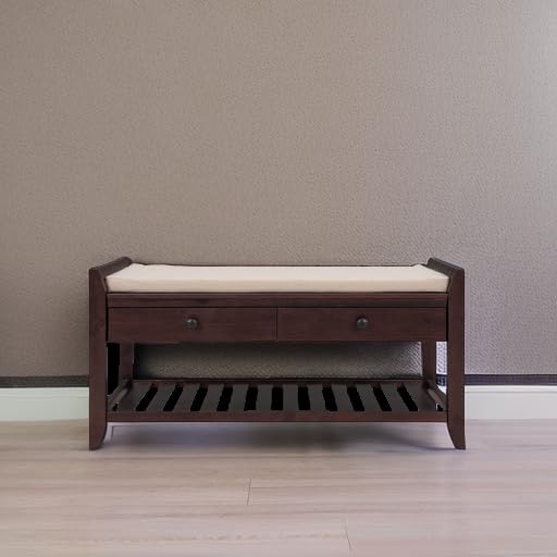 P PURLOVE Entryway Storage Bench with Cushioned Seat - 2 Drawers Shoe Rack & Storage Shelf, Espresso Finish - Perfect for Hallway Organization, Mudroom Decor & Small Space Entry Solutions
