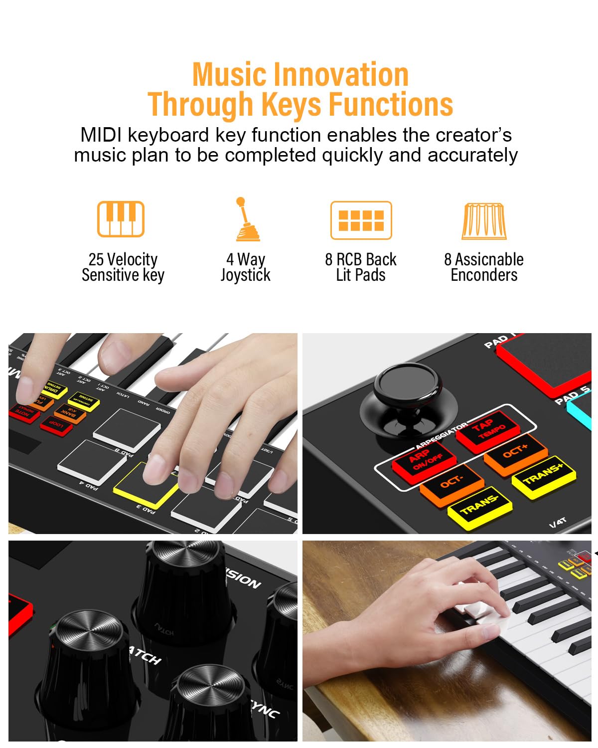 25-Key Rechargeable MIDI Keyboard Controller with 8 Backlit Drum Pads & 8 Knobs - OLED Display, DAW Integration for Music Production - Perfect for Home Studios, Live Performances & Beat Making