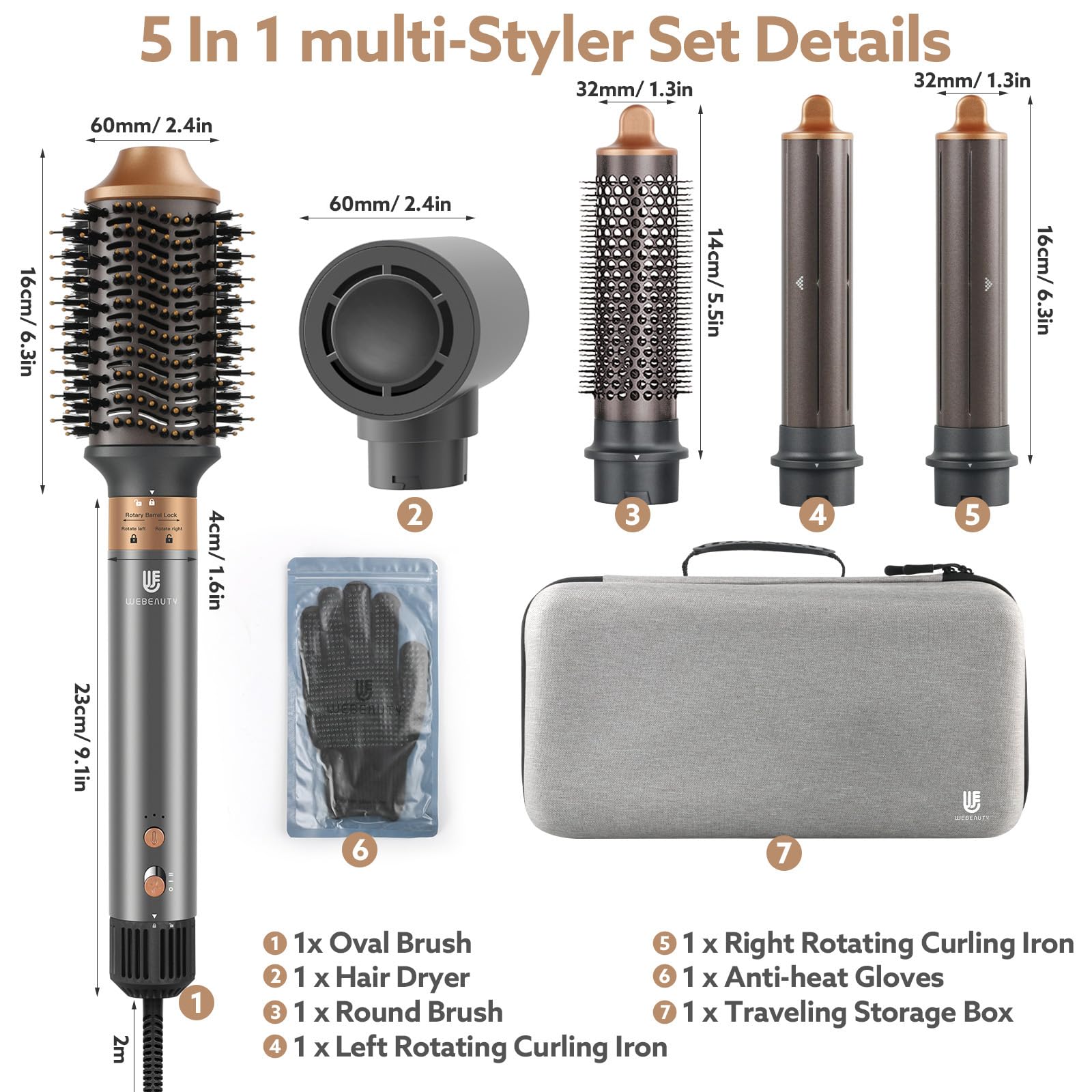 Webeauty 5-in-1 Professional Hair Dryer Brush - Ionic Hot Air Styling Tool with Fast Drying, Volumizing & Curling Iron for Salon-Quality Blowouts - Includes Travel Case (Grey Gold) - Perfect for Home Styling, Travel & Salon Professionals