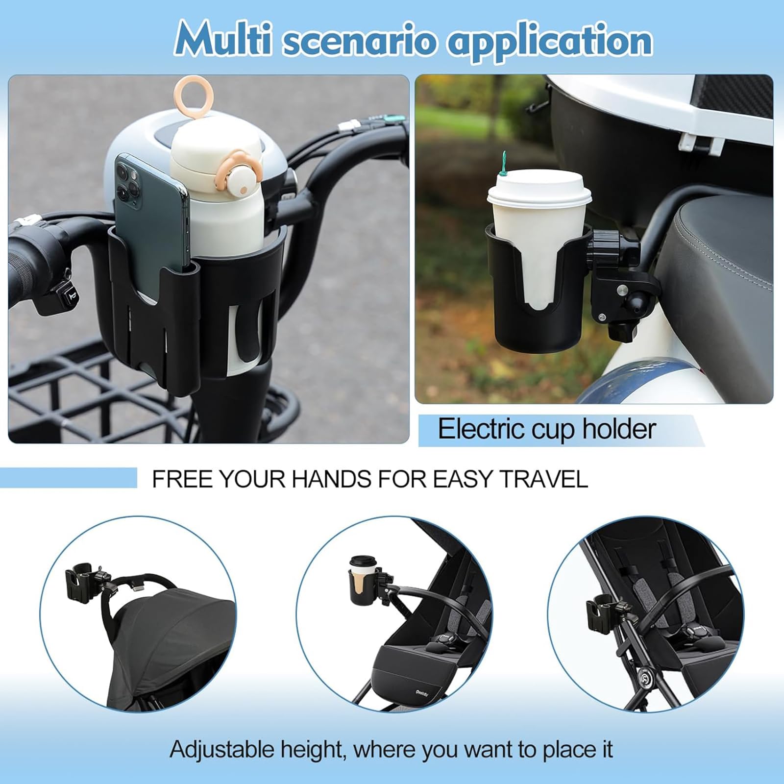Adjustable Cup Holder with Phone Stand for Stroller, Scooter, Wheelchair, Walker & Bike - Universal Drink Holder for Mobility Devices (Black) - Perfect for Outdoor Activities, Commuting & Travel