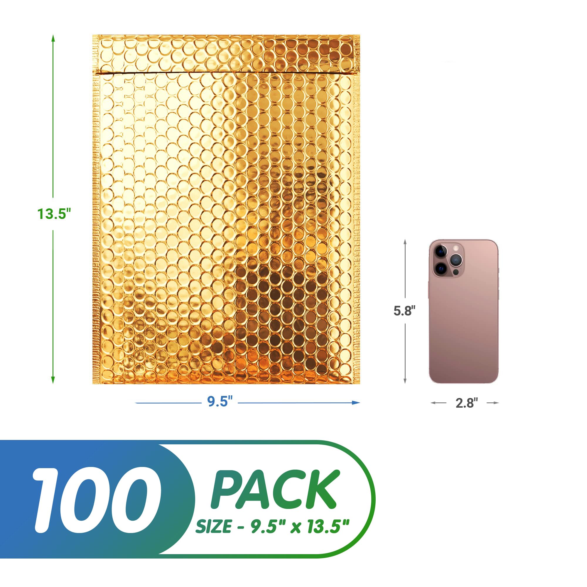 AMZ 100-Pack Metallic Gold Bubble Mailers 9.5x13.5 Inch - Self Seal Padded Shipping Envelopes, Waterproof Metalized Foil Mailing Bags for Ecommerce, Jewelry, Small Business Packaging & Gift Wrapping