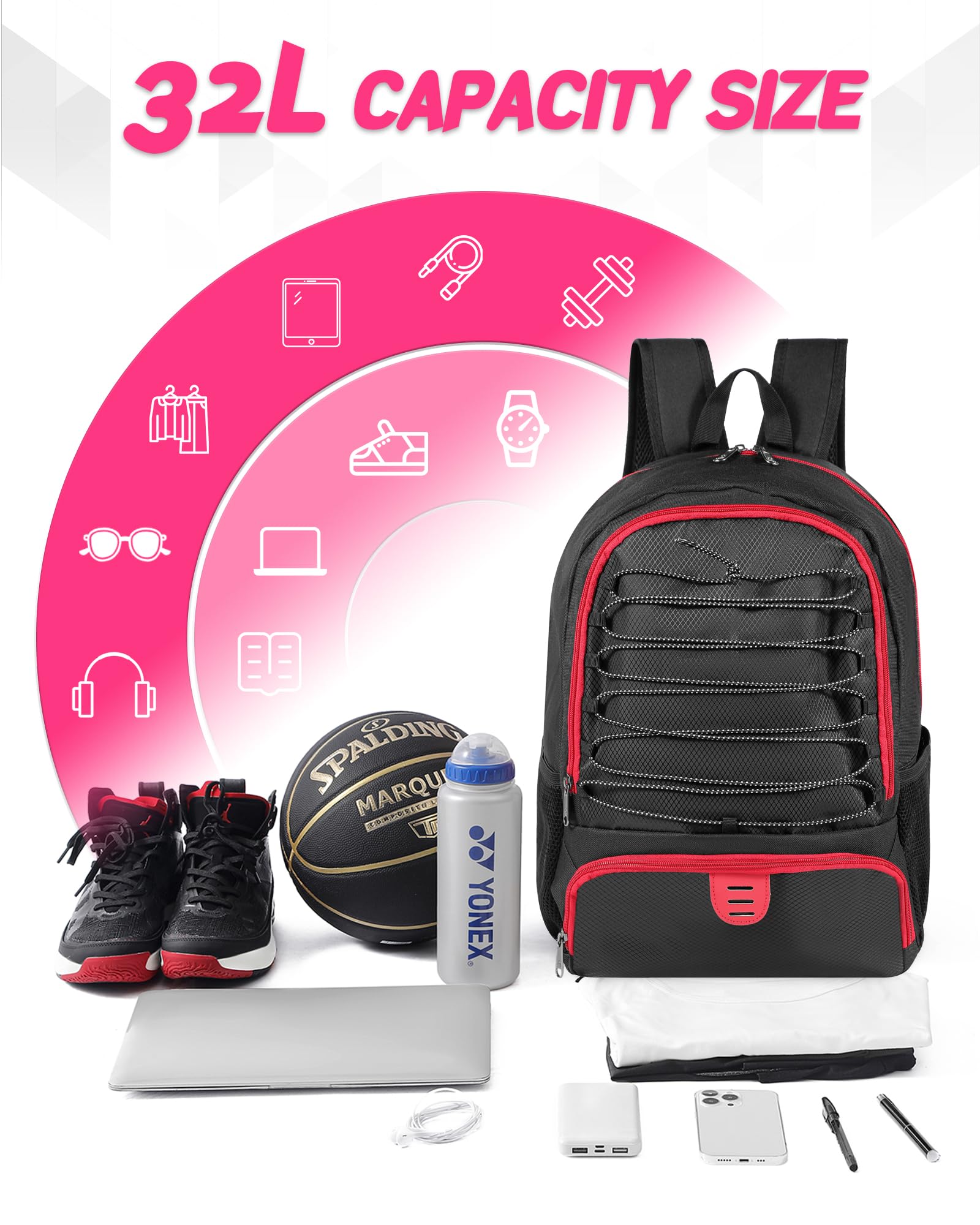 **Men's & Women's Basketball Backpack with Ball & Shoe Compartment - 30L Lightweight Breathable Sports Bag for Soccer, Volleyball, Football - Perfect for Travel, School & Gym**    *(Use for: Sports practice, travel gear, school essentials, gym workouts, and outdoor activities.)*
