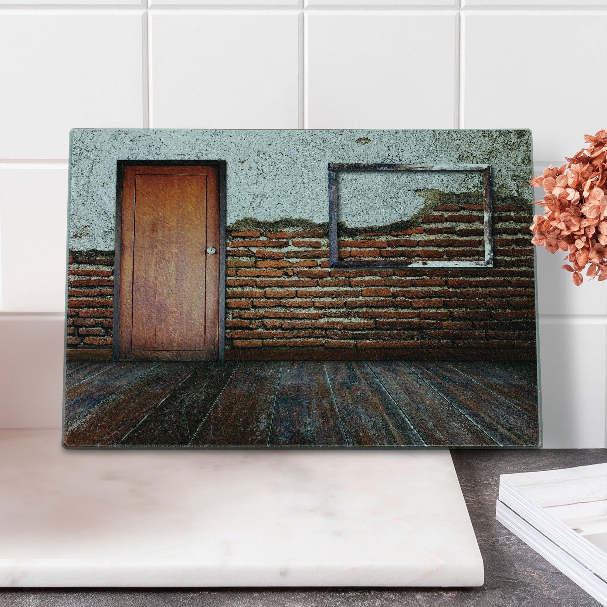 Ambesonne Vintage Antique Cutting Board - Rustic Wooden Picture Frame on Distressed Brick Wall - Decorative Tempered Glass Serving Board for Cheese, Charcuterie & Display - Small Size Dark Orange Brown White - Perfect for Farmhouse Kitchens, Coffee Bars & Dining Room Decor