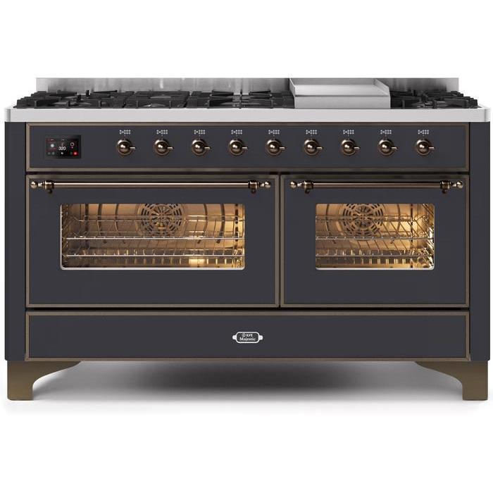 ILVE 60 Inch Majestic II Series Dual Fuel Natural Gas Range - 9 Sealed Burners with Griddle, 5.8 cu.ft Oven Capacity & TFT Display (UM15FDNS3) - Perfect for Professional Kitchens & Large Family Cooking