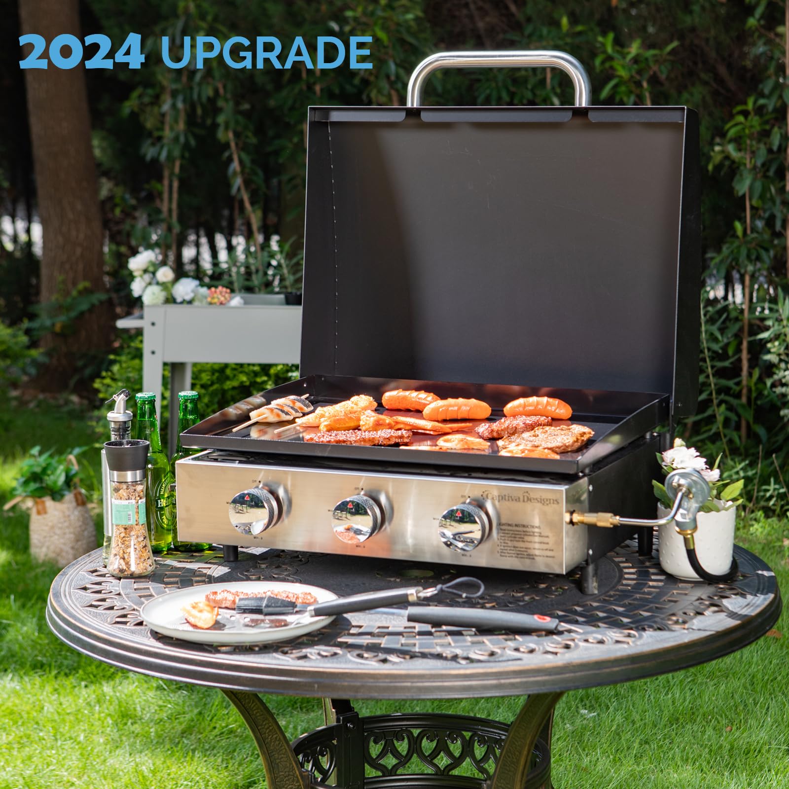 GREEN PARTY 22 Inch Portable Tabletop Griddle with Hood - Ceramic Coated Cast Iron Plate, 3 Burner Flat Top Grill for Outdoor Cooking, BBQ, Camping & Tailgating | Perfect for Backyard Parties, Picnics & RV Trips