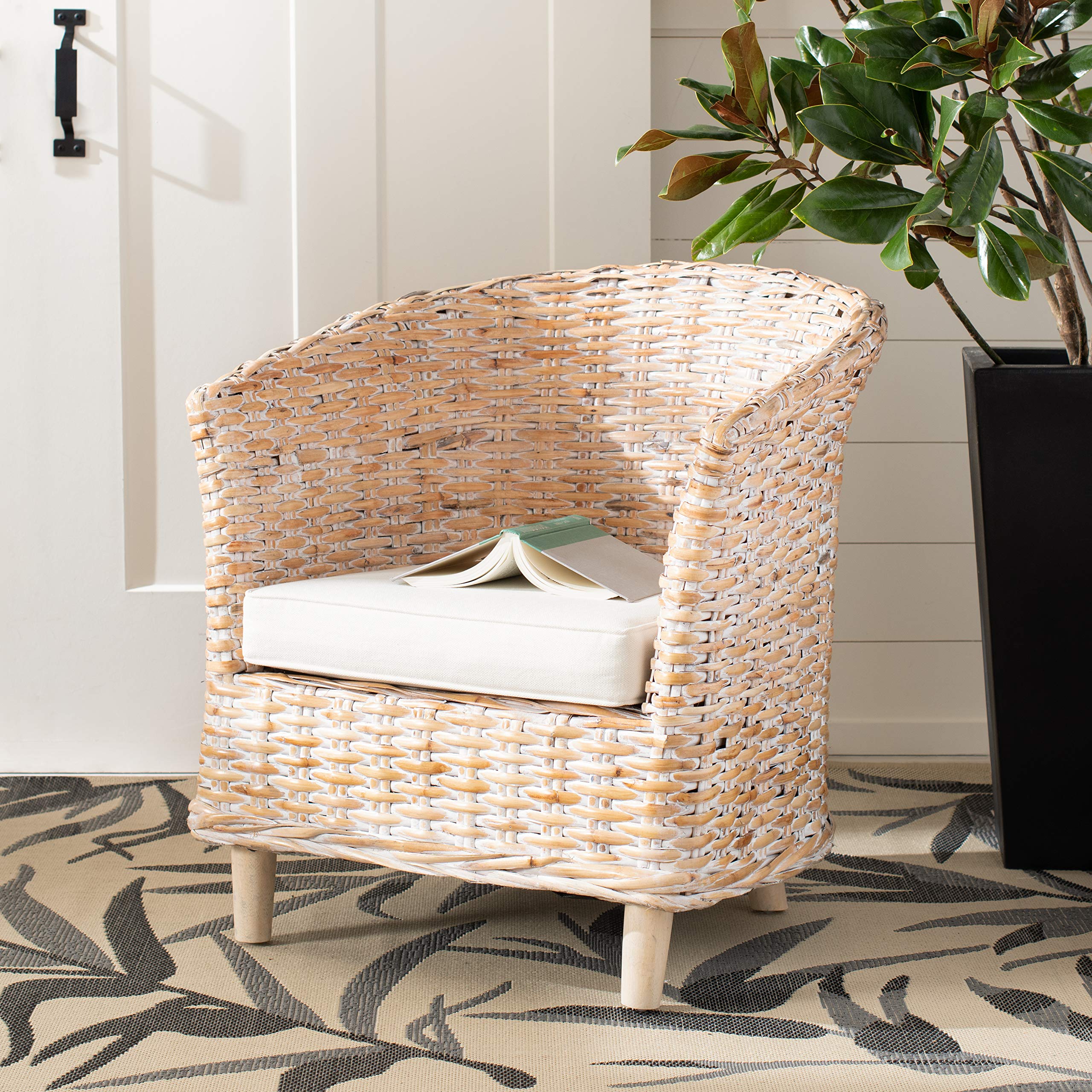Safavieh Home Omni 18-inch Natural White Wash Rattan Barrel Chair - Stylish Woven Accent Chair for Living Room, Bedroom, or Patio Decor