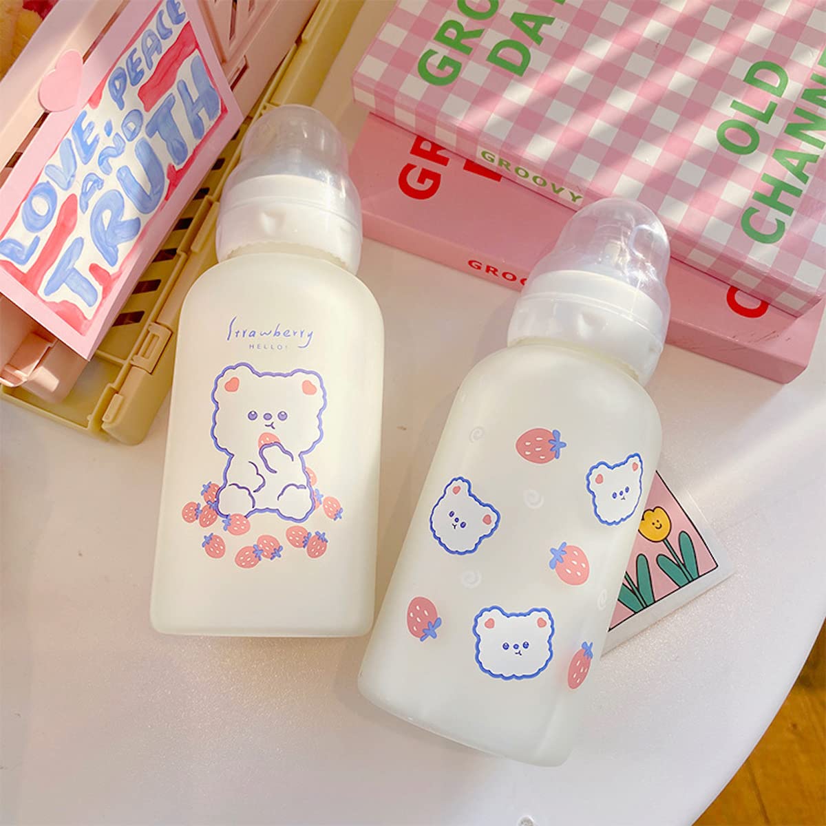 Strawberry Bear Glass Water Bottle with Straw Lid - 11oz Cute Kawaii Water Bottle for Women Adults, BPA Free Borosilicate Glass, Portable Drinking Bottle for Office, Gym, Travel, and Outdoor Activities