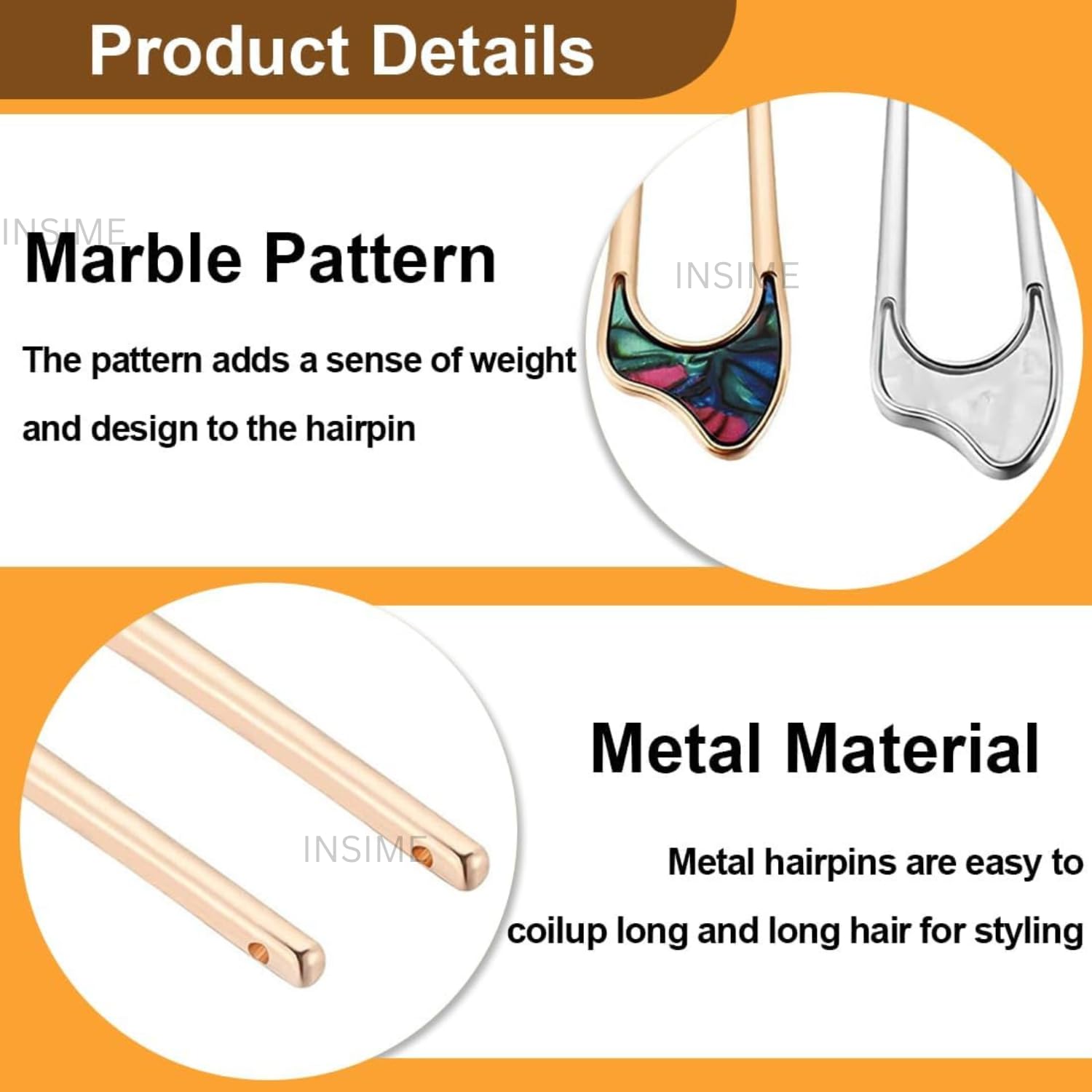 INSIME Elegant Marble Hair Stick for Women - 4 Pack Premium Metal Hair Bun Sticks with Stylish Design for Updos, Buns & Special Occasions