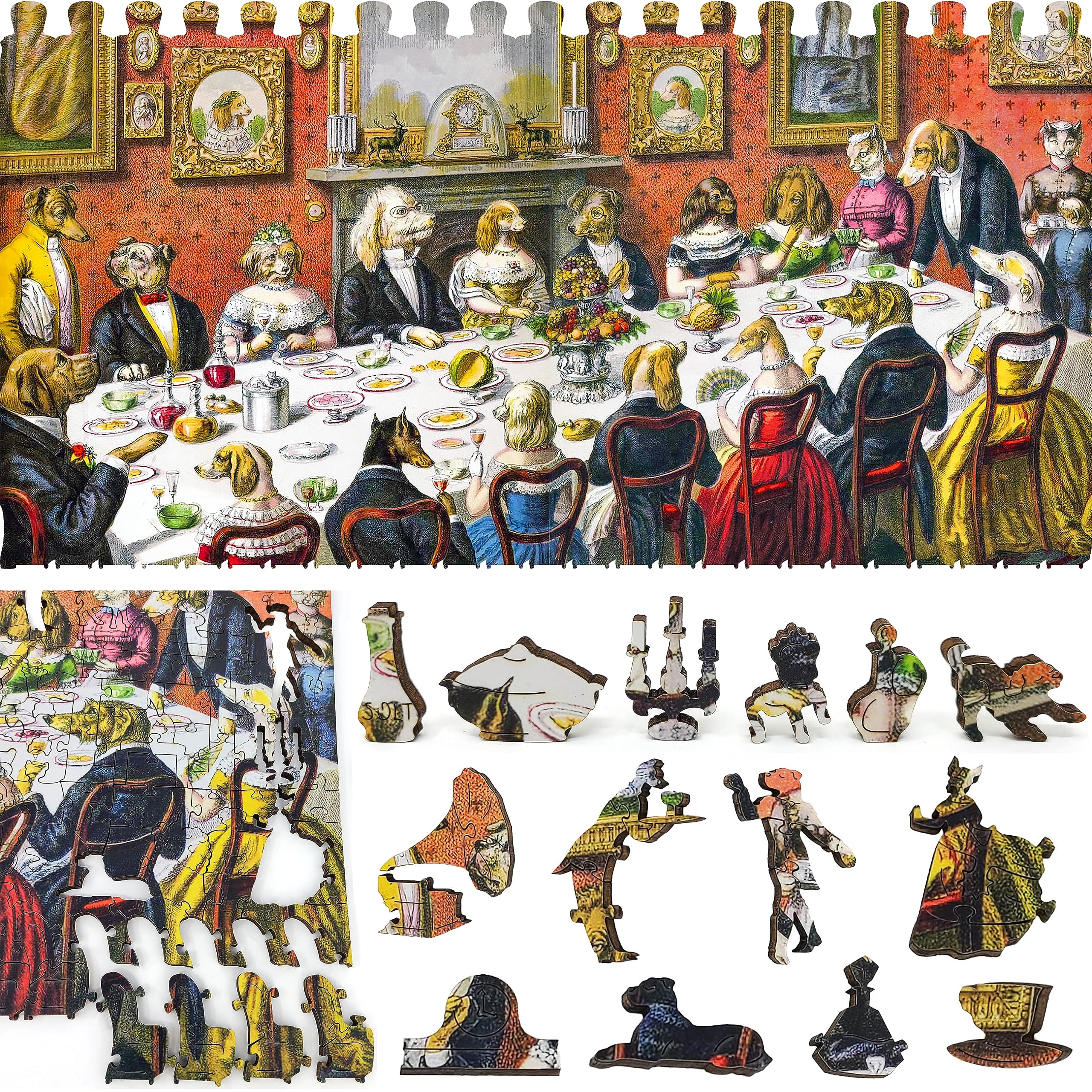 Premium 365-Piece Wooden Jigsaw Puzzle for Adults - Unique Shaped Pieces - Handcrafted in USA by FoxSmartBox - The Dogs Dinner Party - Perfect for Family Game Nights, Stress Relief & Home Decor