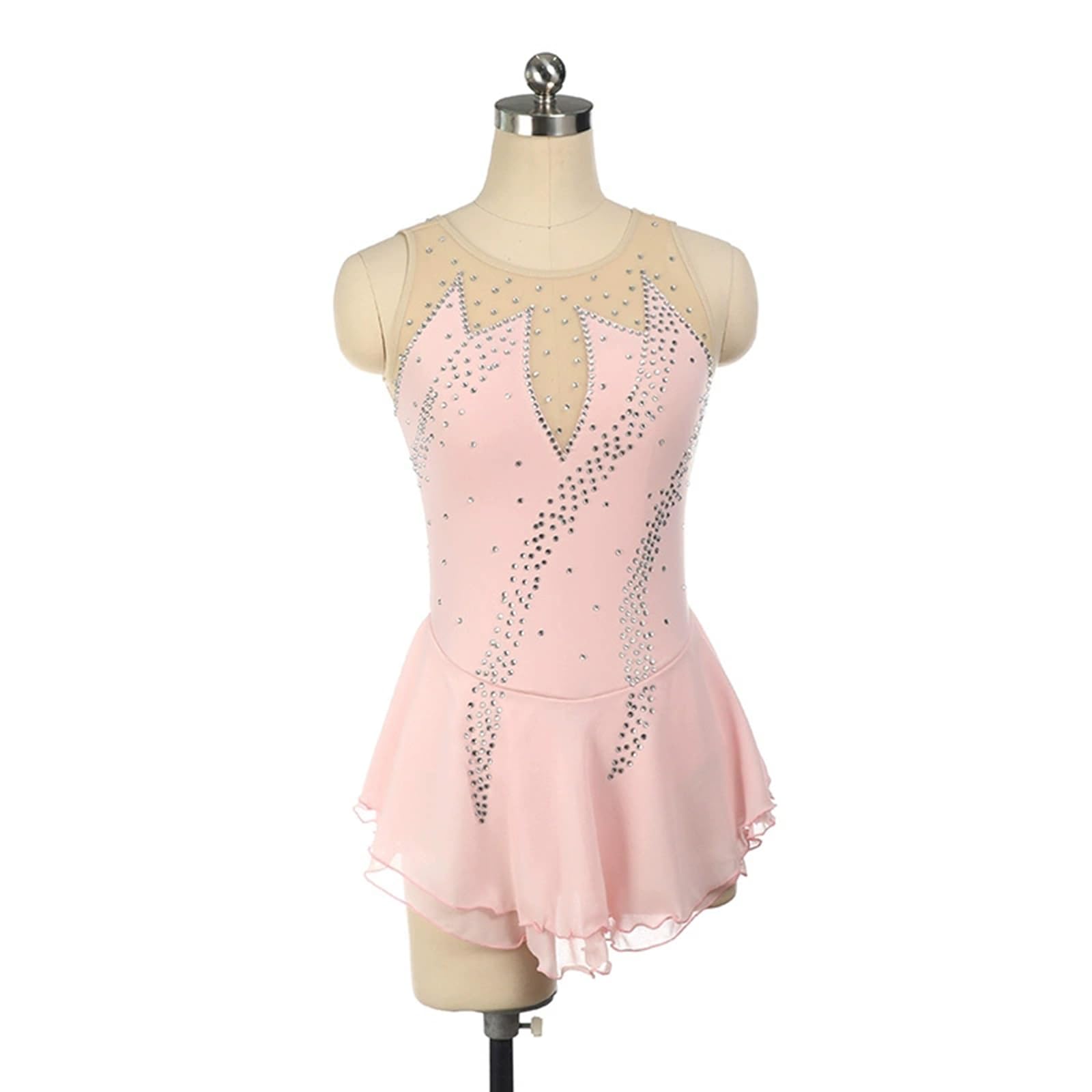 Elegant Sleeveless Rhinestone Figure Skating Dress - Light Pink Competition Costume for Ballet, Dance & Gymnastics Performance | Size S | Perfect for Ice Shows, Recitals & Stage Performances