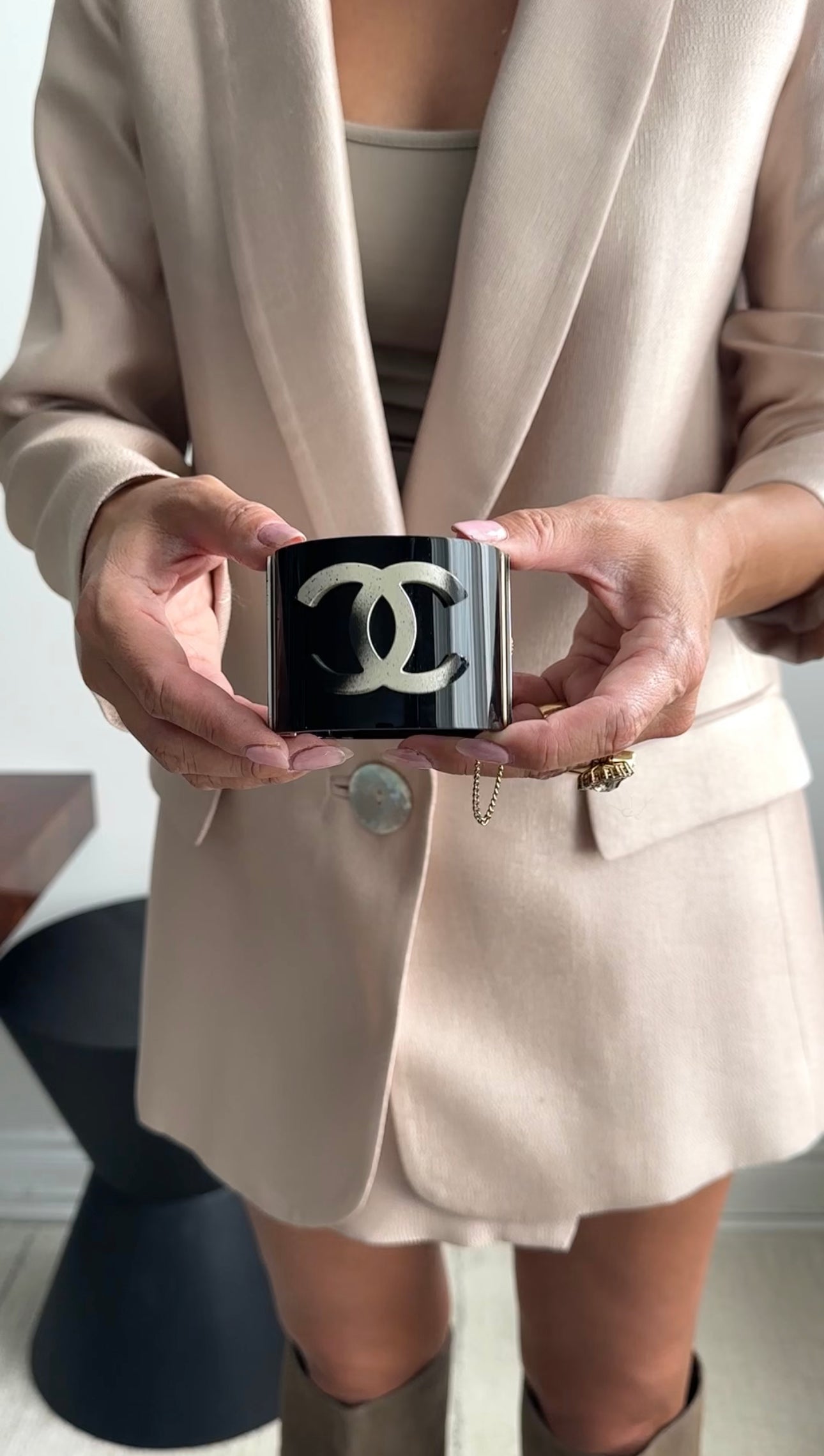 Chanel 14A Black Resin CC Goldtone Cuff Bracelet for Women - Luxury Fashion Jewelry Gift for Birthday, Anniversary & Special Occasions